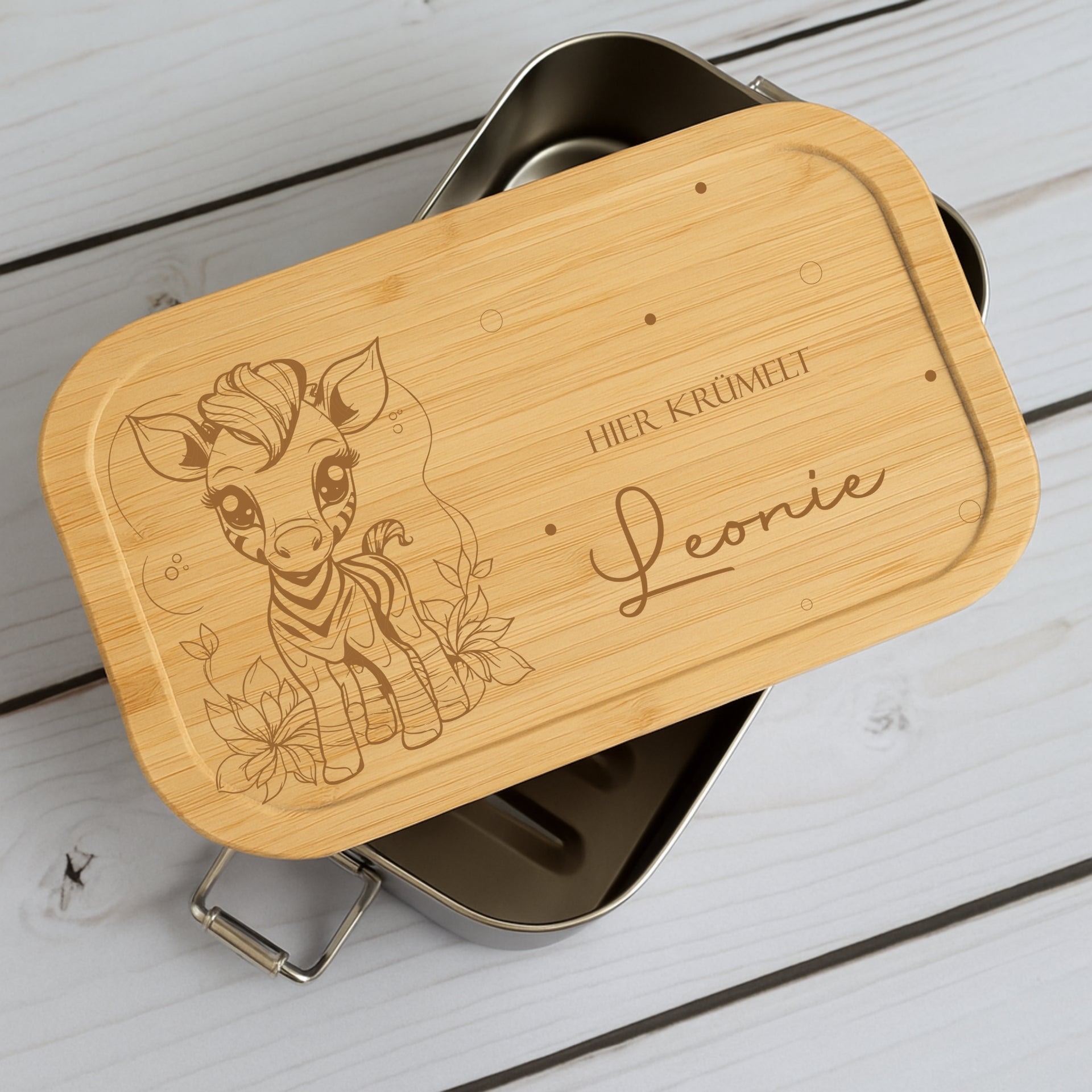 Brotdose Metall Dschungeltiere – Lunchbox mit Holzdeckel & Name
