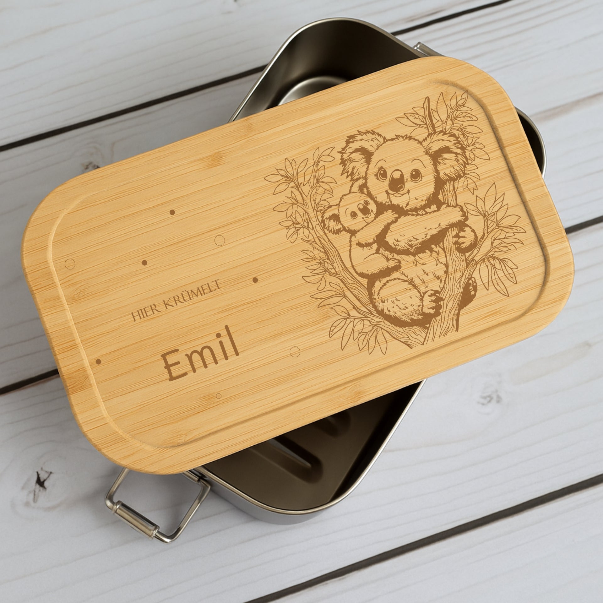 Brotdose Metall Tierfamilien – Holzdeckel mit Name graviert