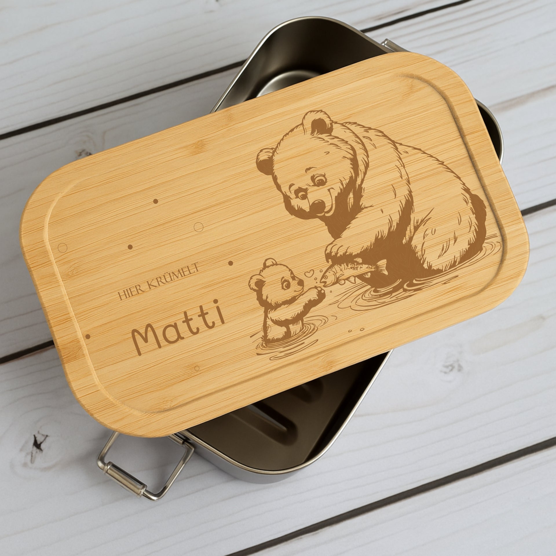 Brotdose Metall Tierfamilien – Holzdeckel mit Name graviert
