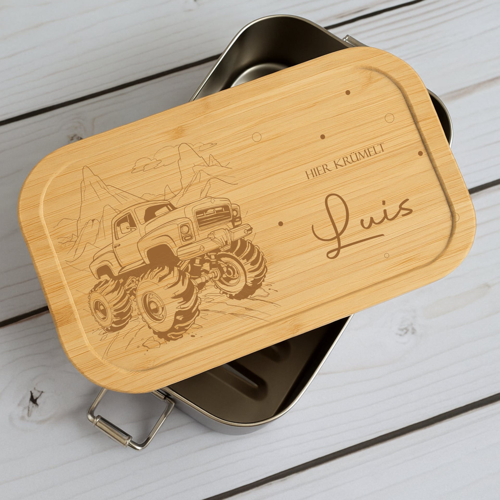 Brotdose Metall Monstertruck – Lunchbox mit Holzdeckel & Name