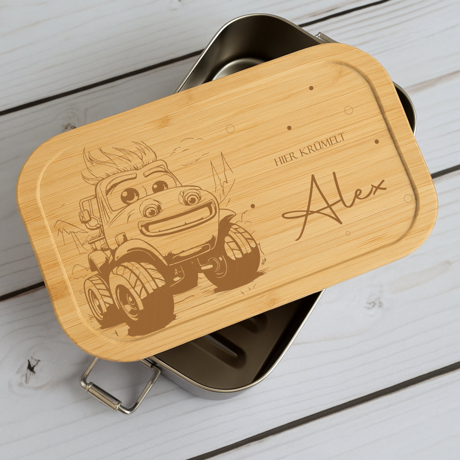Brotdose Metall Monstertruck – Lunchbox mit Holzdeckel & Name
