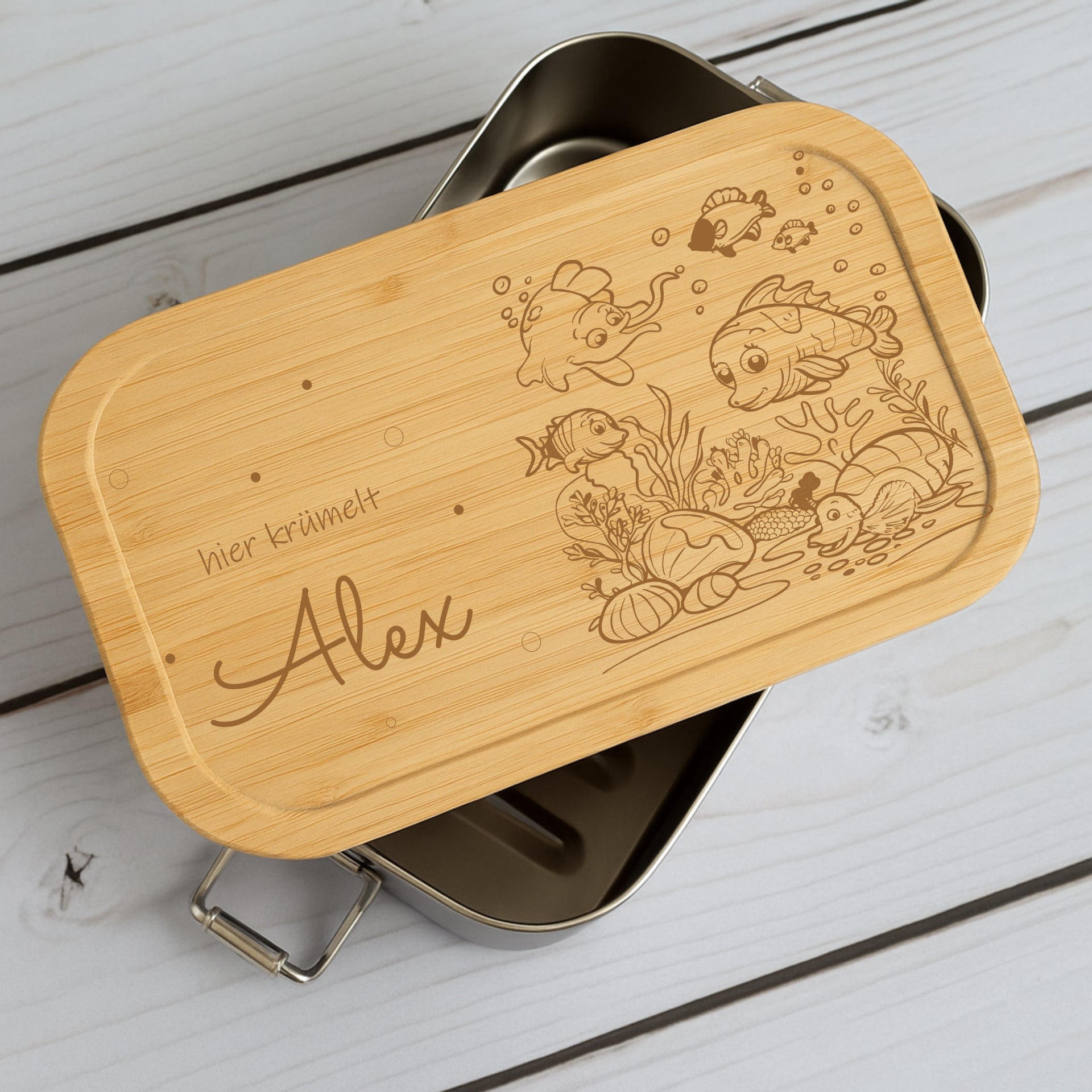 Brotdose Metall Unterwasserwelt – Holzdeckel mit Name graviert
