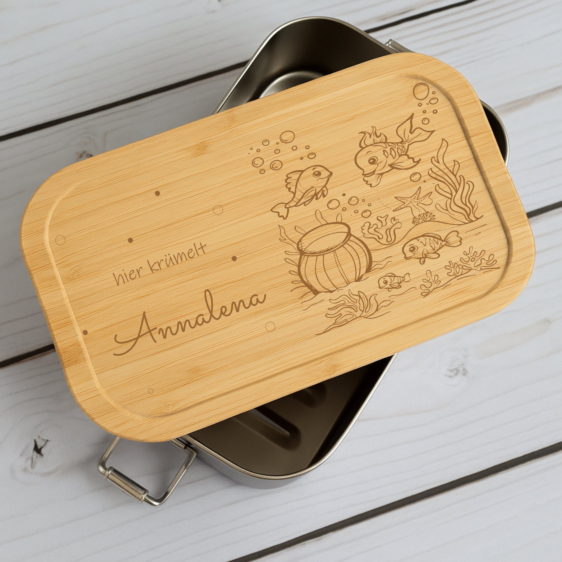 Brotdose Metall Unterwasserwelt – Holzdeckel mit Name graviert