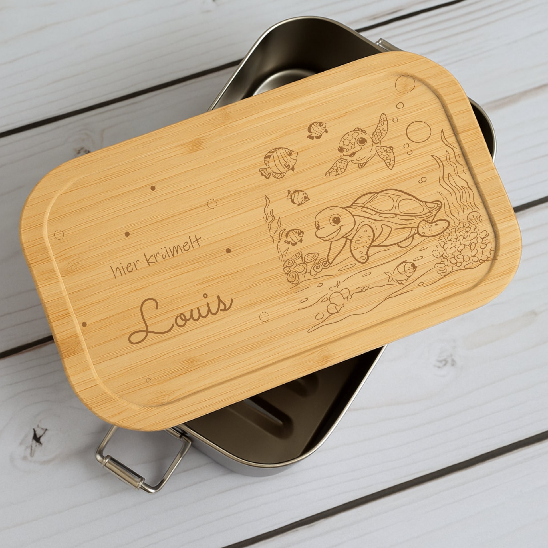 Brotdose Metall Unterwasserwelt – Holzdeckel mit Name graviert