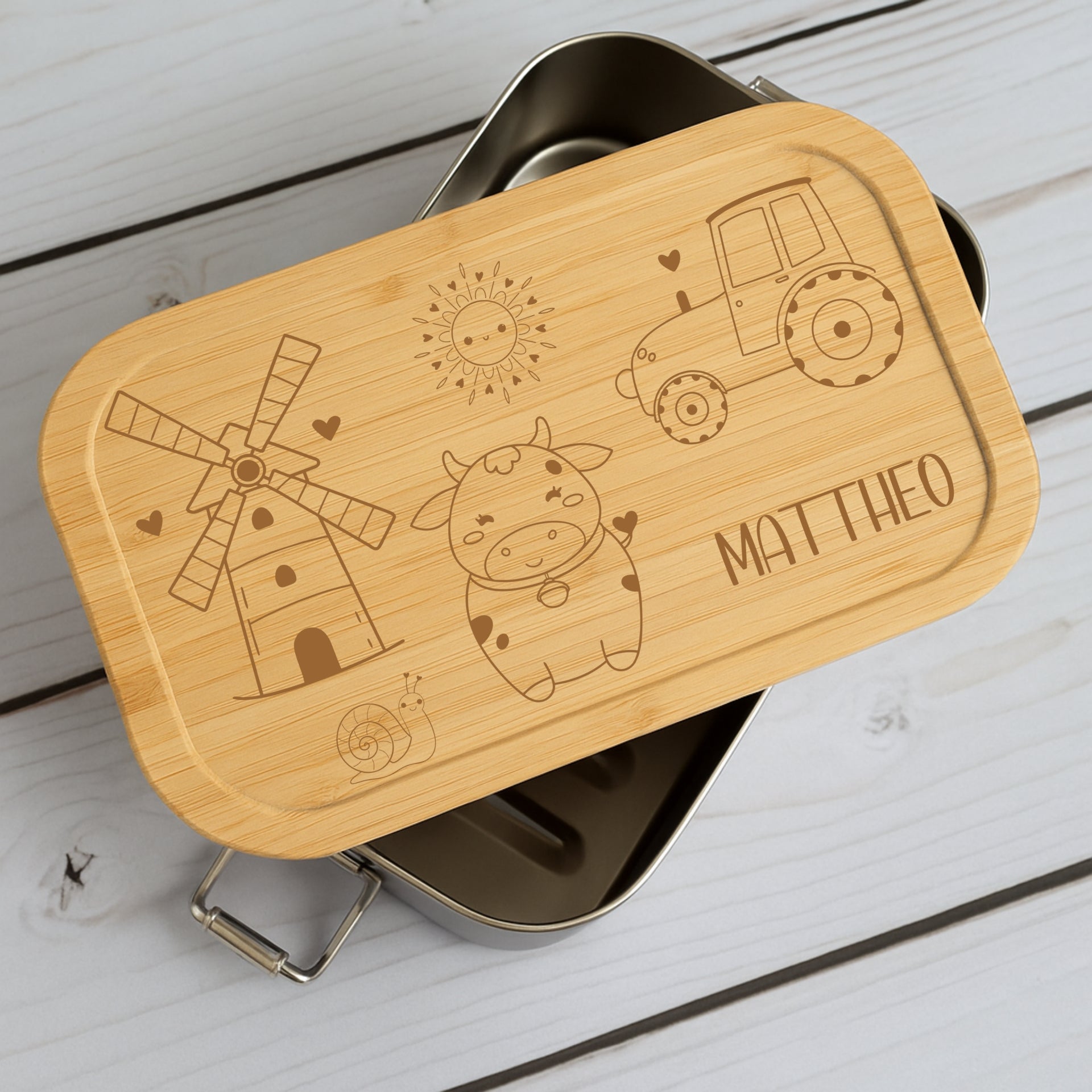 Brotdose Metall Kinder Bauernhof – Gravur mit Name