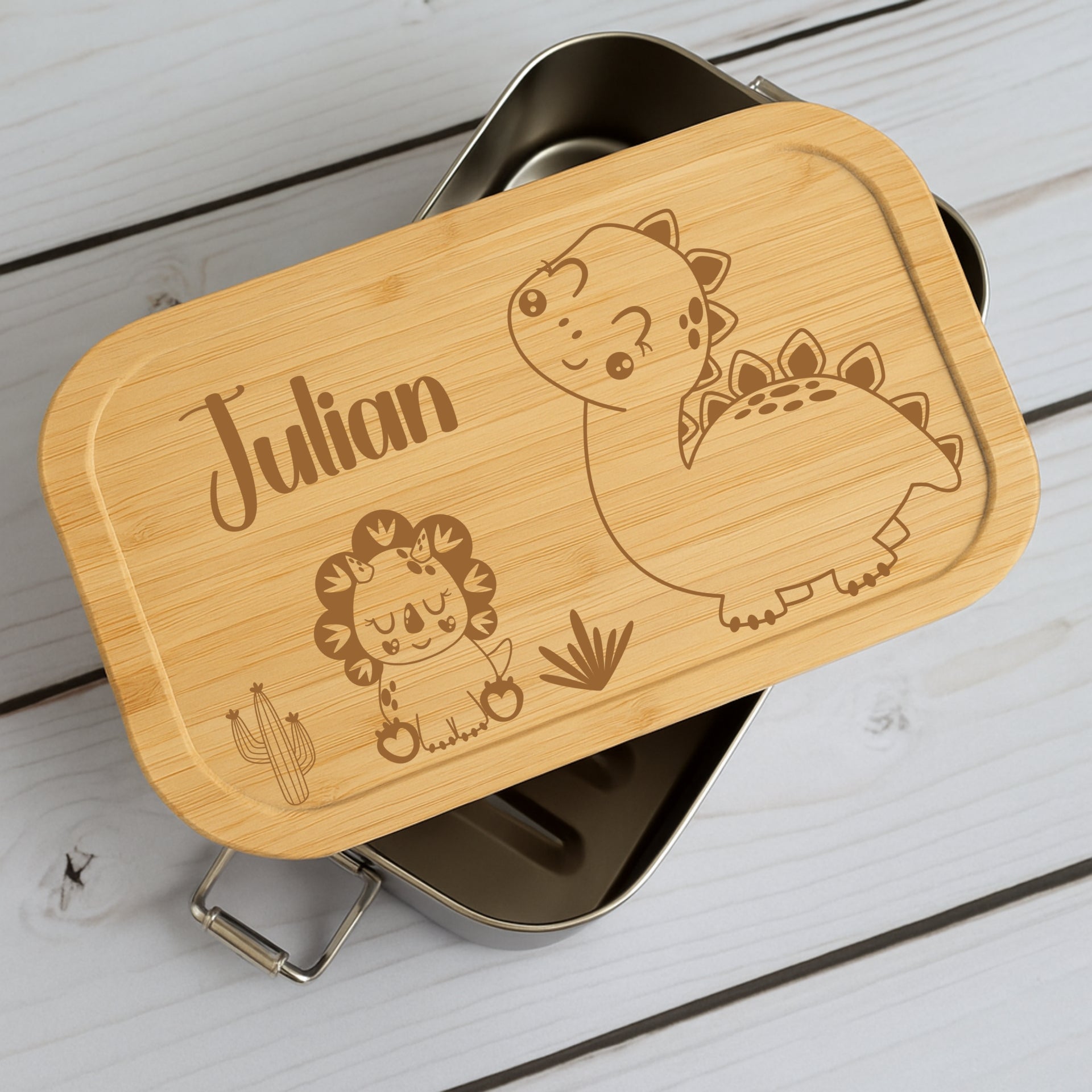 Brotdose Metall Dino – Lunchbox mit Holzdeckel & Name