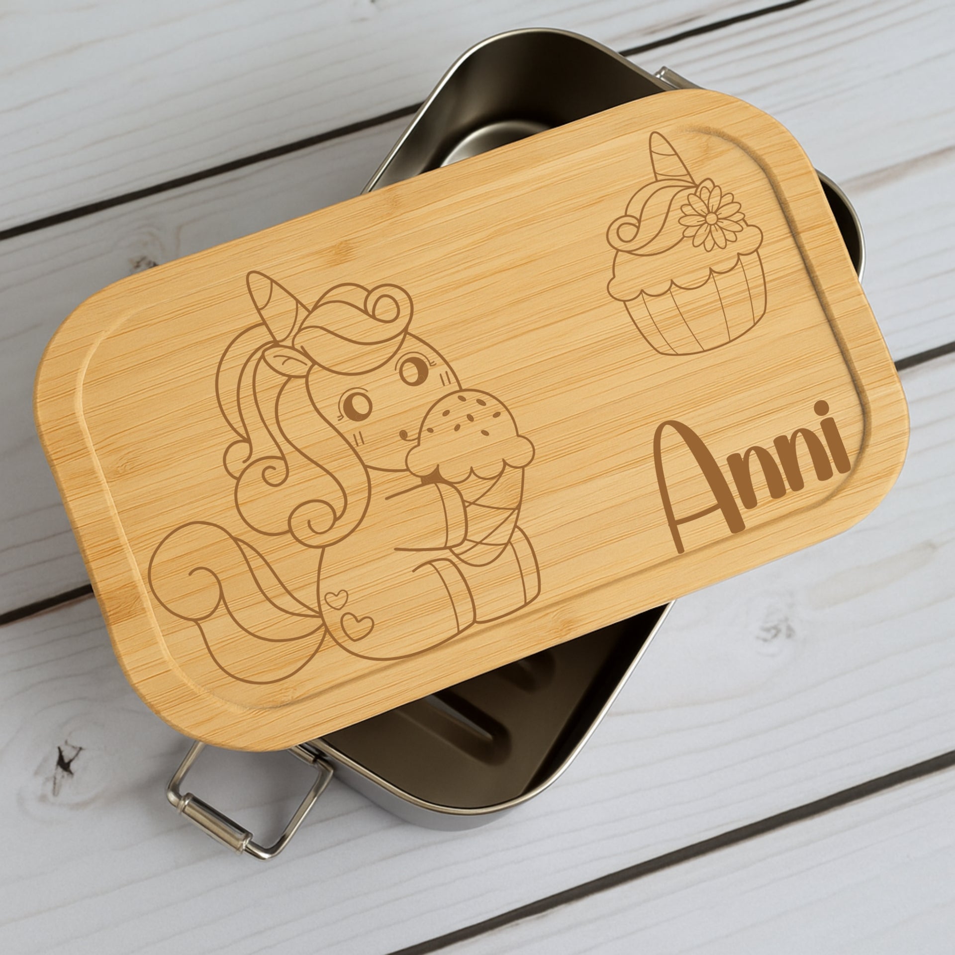 Brotdose Metall Einhorn – Lunchbox mit Holzdeckel & Name