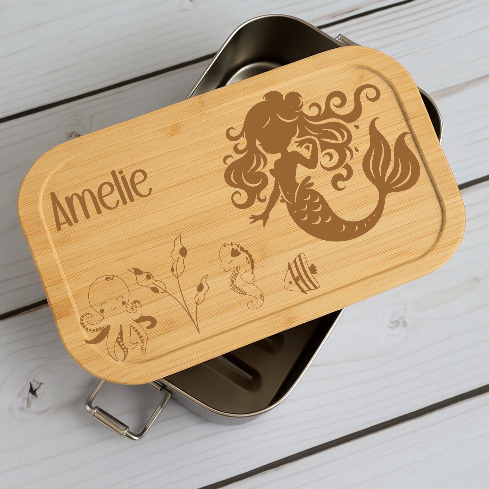 Brotdose Metall Meerjungfrau – Lunchbox mit Holzdeckel & Name