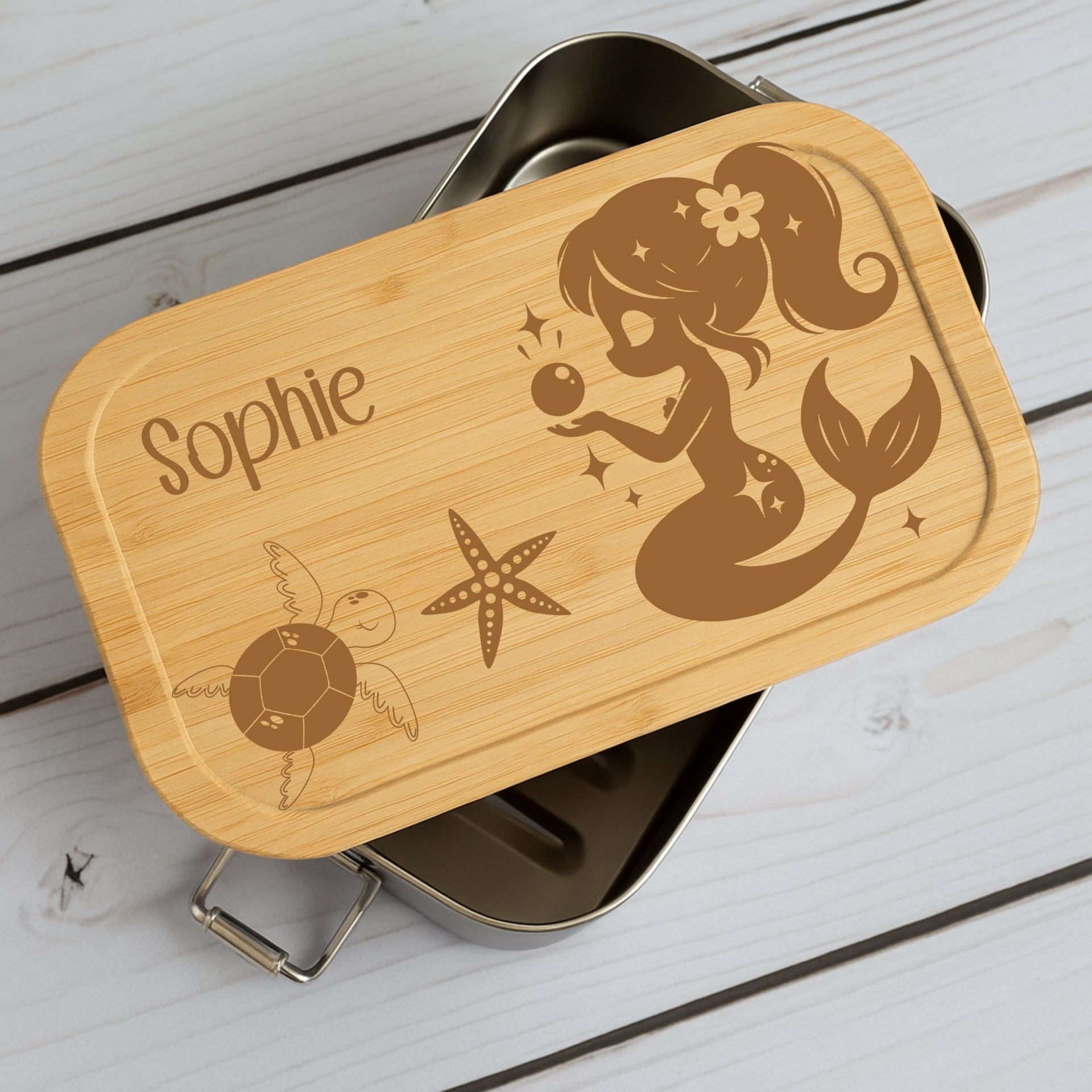 Brotdose Metall Meerjungfrau – Lunchbox mit Holzdeckel & Name