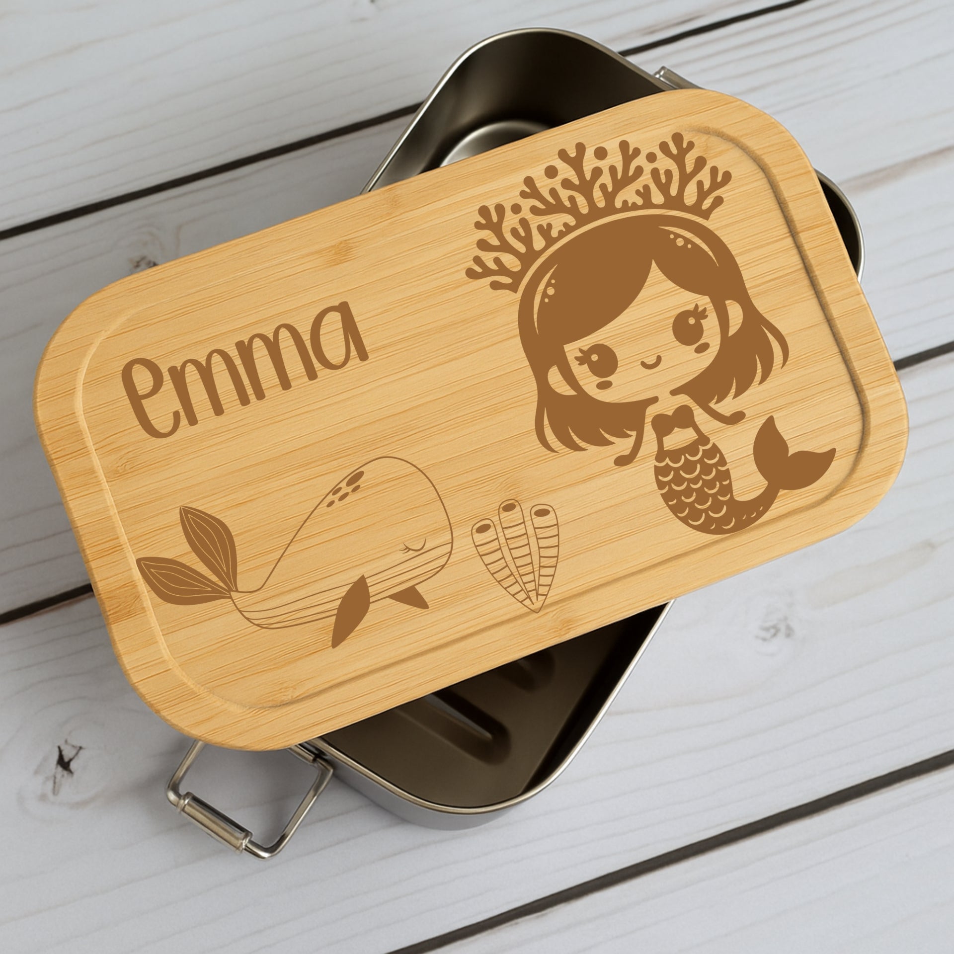 Brotdose Metall Meerjungfrau – Lunchbox mit Holzdeckel & Name