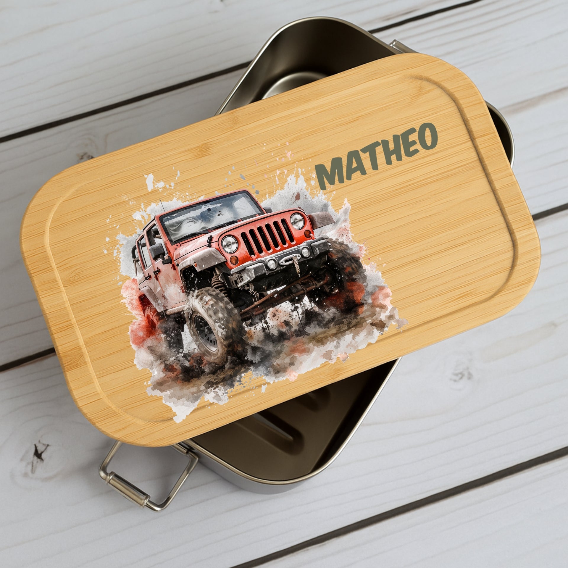 Brotdose Kinder Auto – Lunchbox mit Bambusdeckel & Name