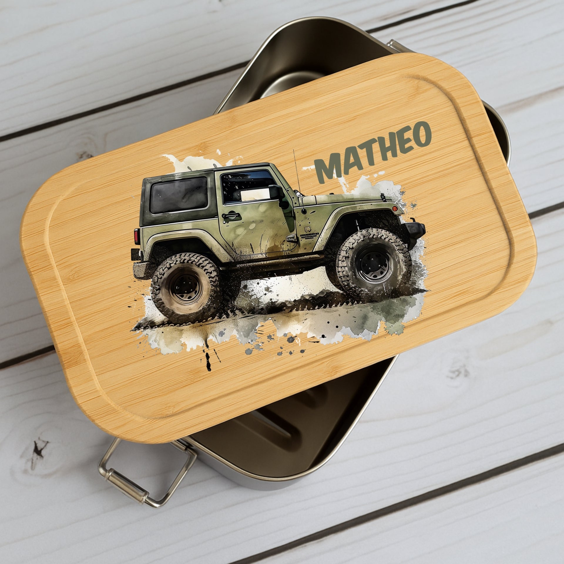 Brotdose Kinder Auto – Lunchbox mit Bambusdeckel & Name