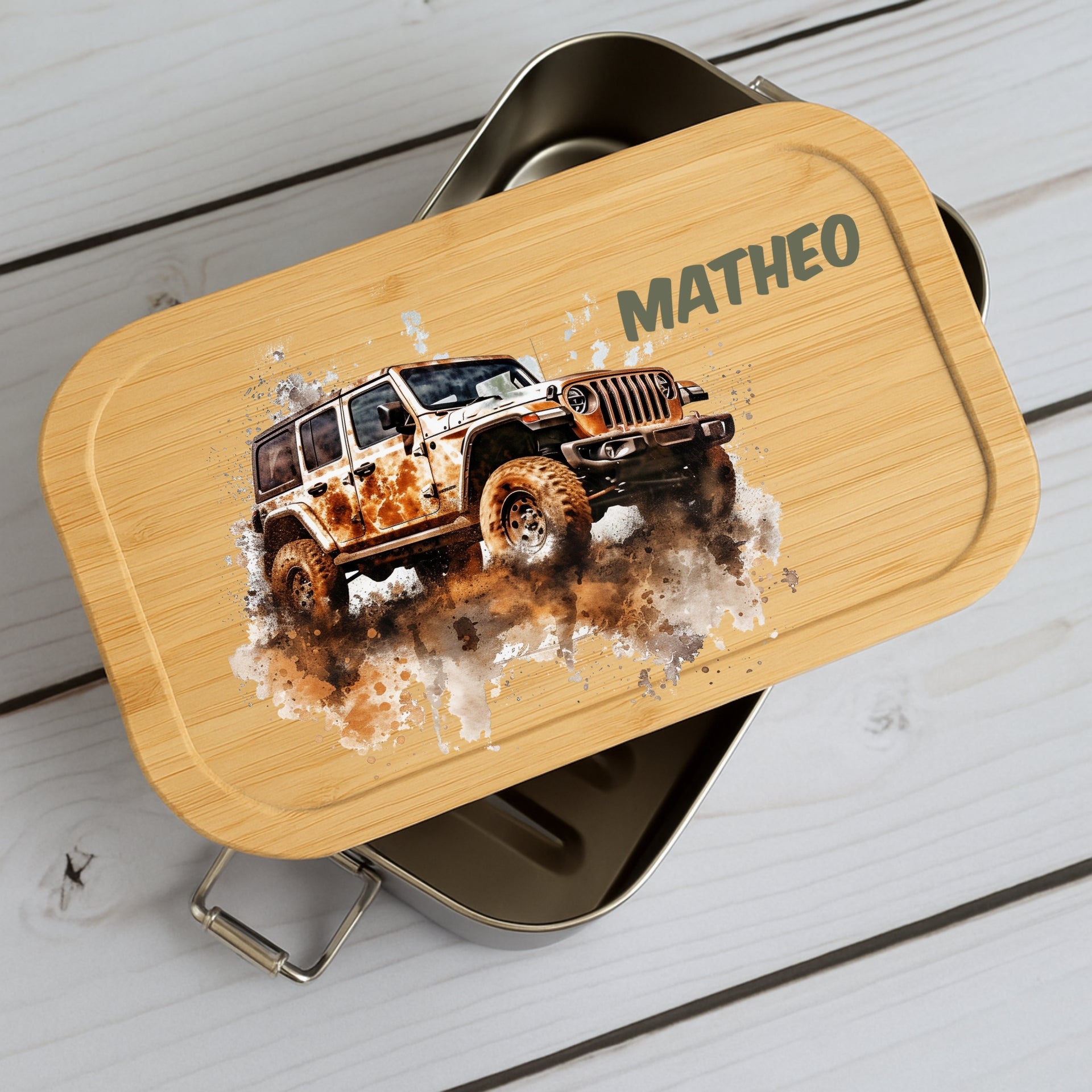 Brotdose Kinder Auto – Lunchbox mit Bambusdeckel & Name
