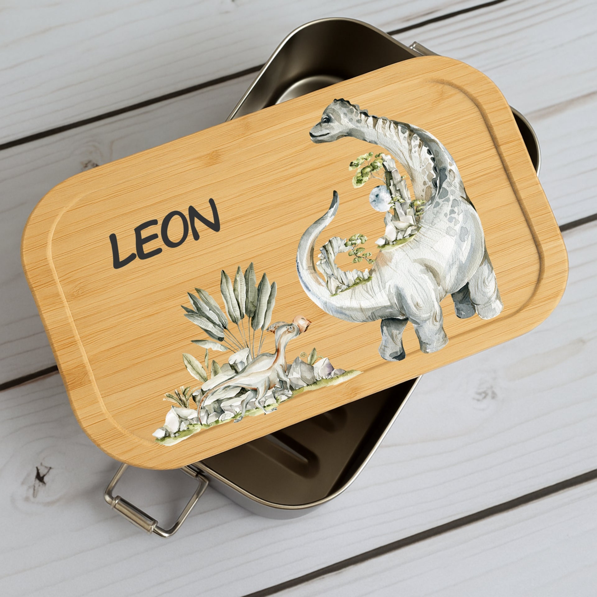 Brotdose Kinder Dino – Lunchbox mit Bambusdeckel & Name