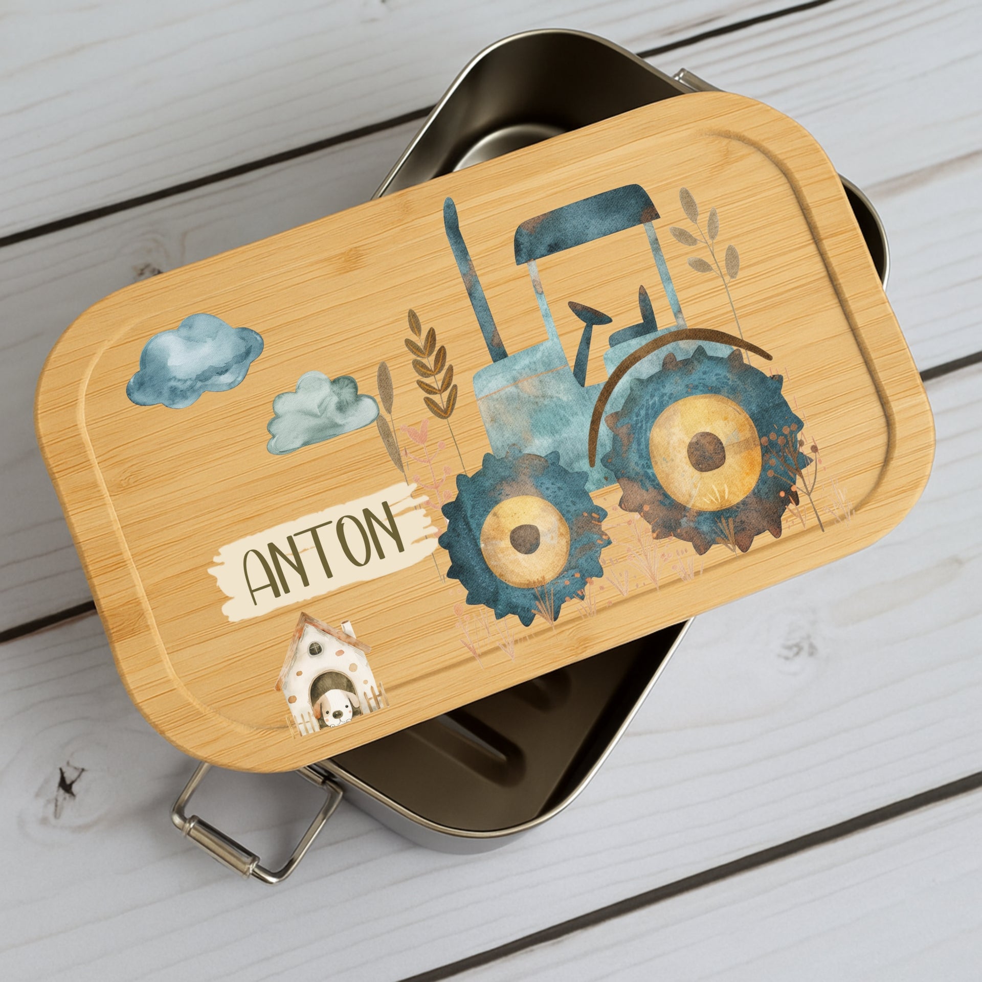 Brotdose Kinder Bauernhof – Lunchbox mit Bambusdeckel & Name