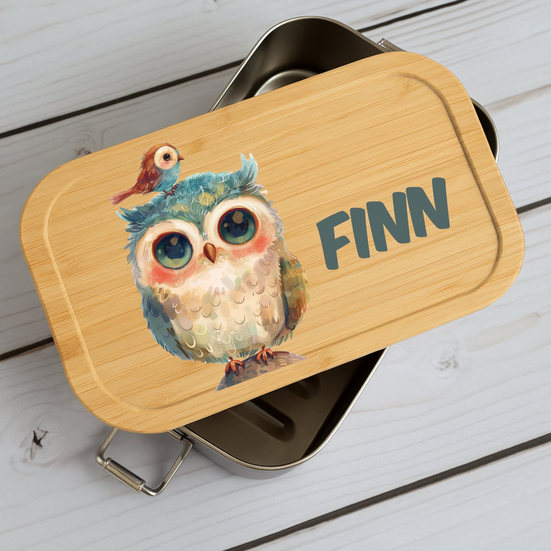 Brotdose Metall mit Holzdeckel und Tiermotive