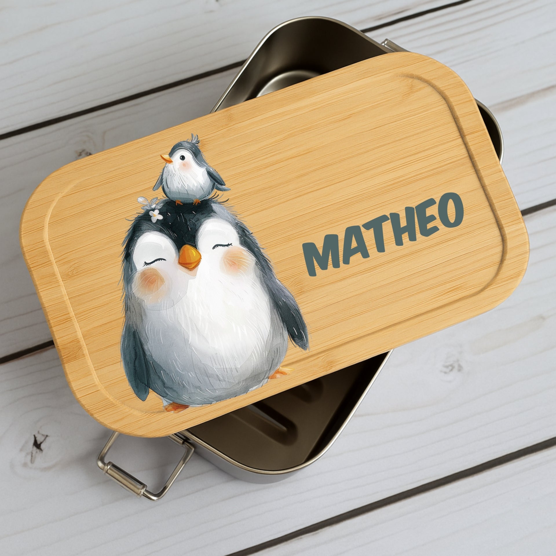 Brotdose Metall mit Holzdeckel und Tiermotive