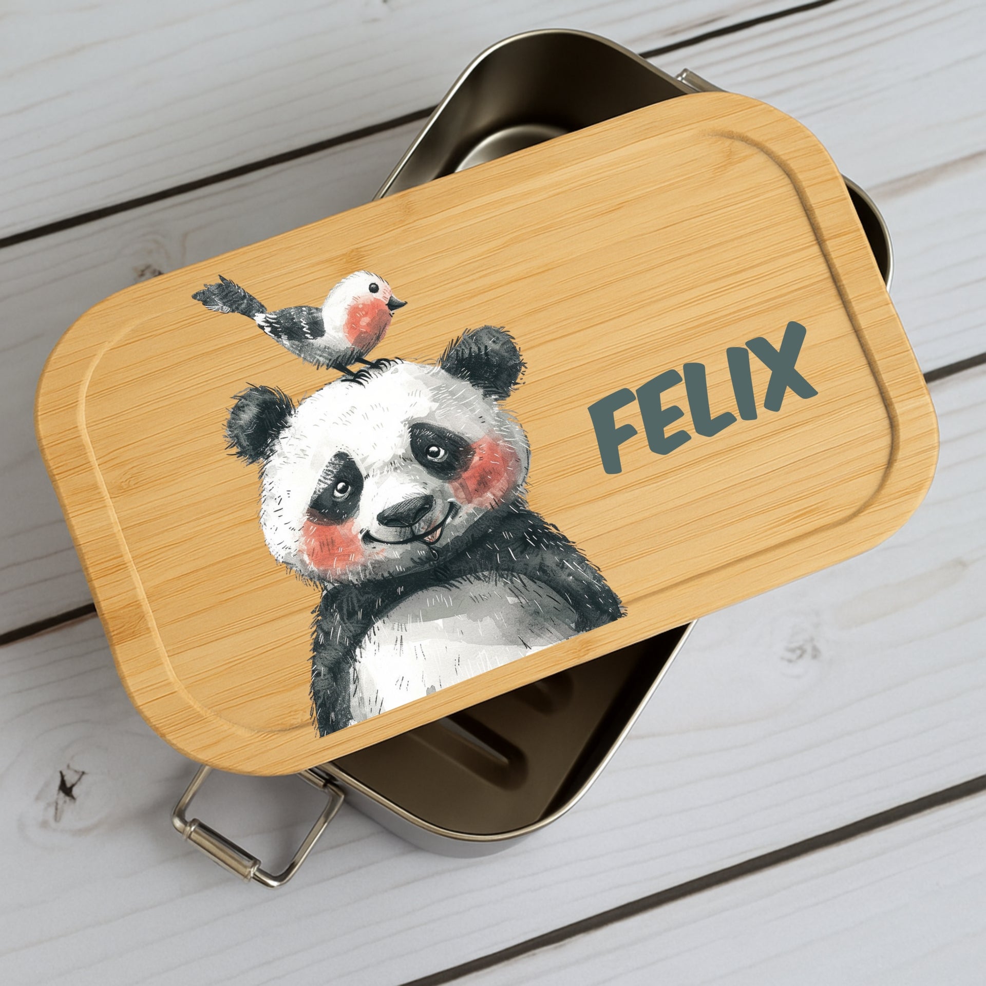 Brotdose Metall mit Holzdeckel und Tiermotive