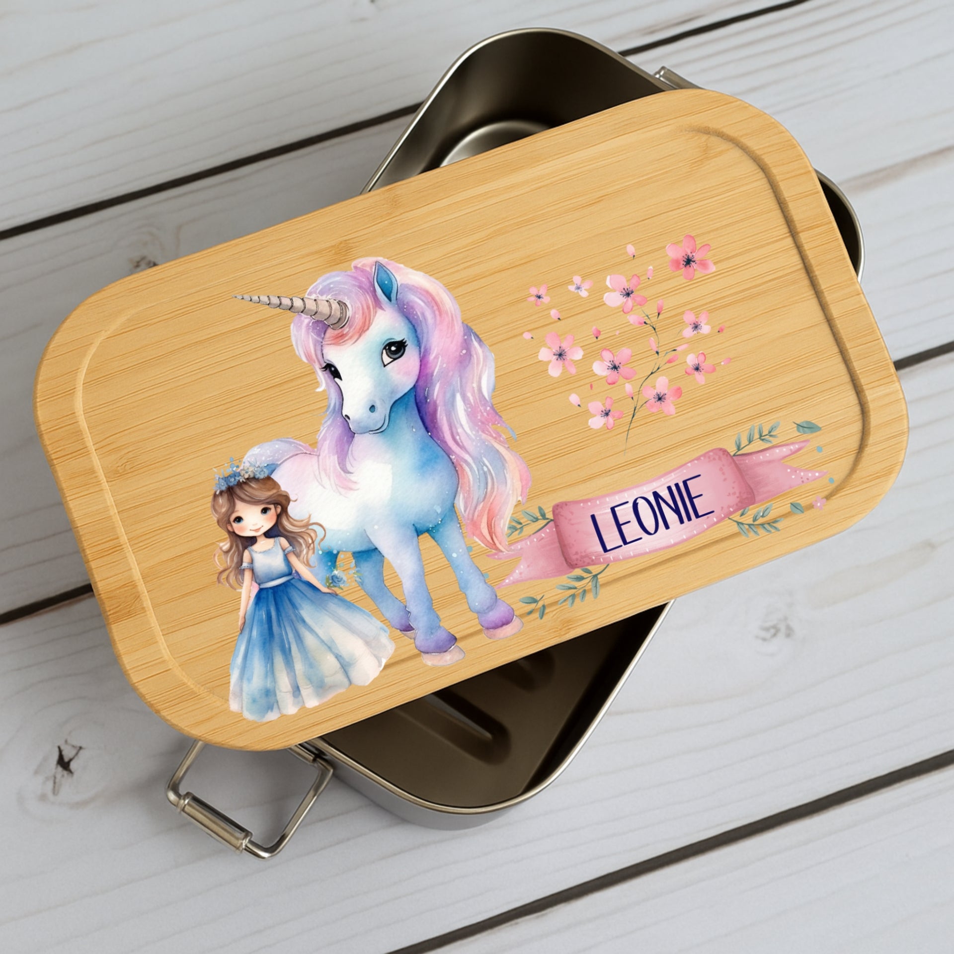 Brotdose Kinder Einhorn – Lunchbox mit Bambusdeckel & Name