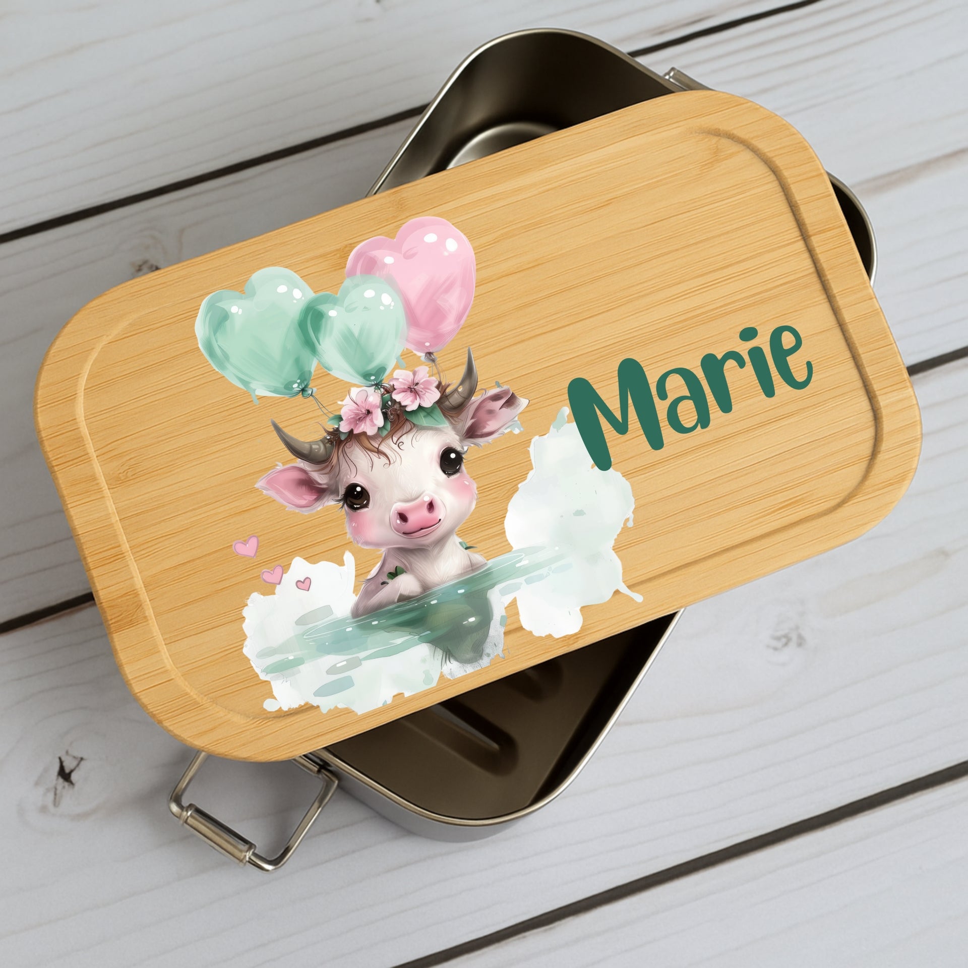 Brotdose Kinder Grüne Tierchen – Lunchbox mit Bambusdeckel & Name