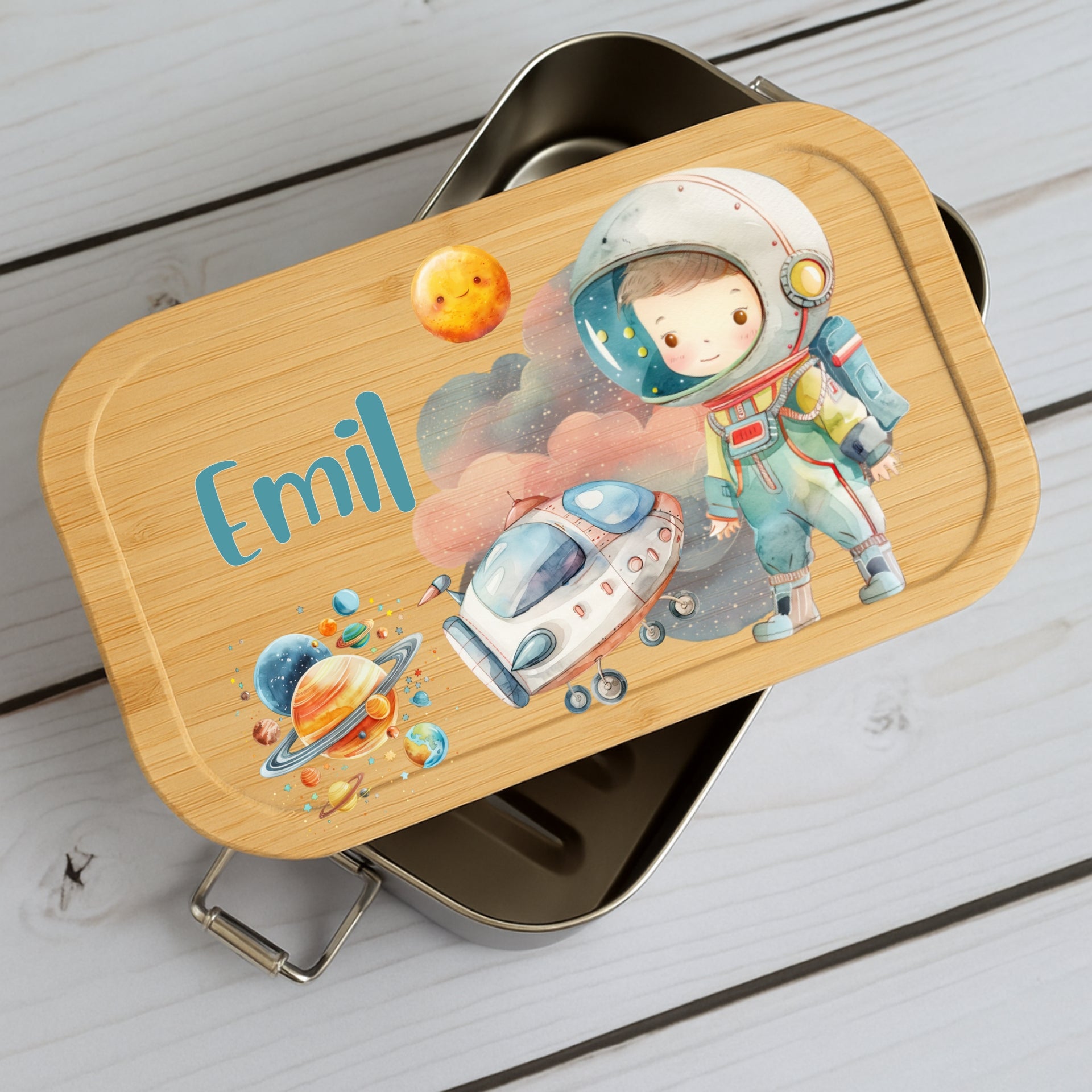 Brotdose Kinder Weltall – Lunchbox mit Bambusdeckel & Name