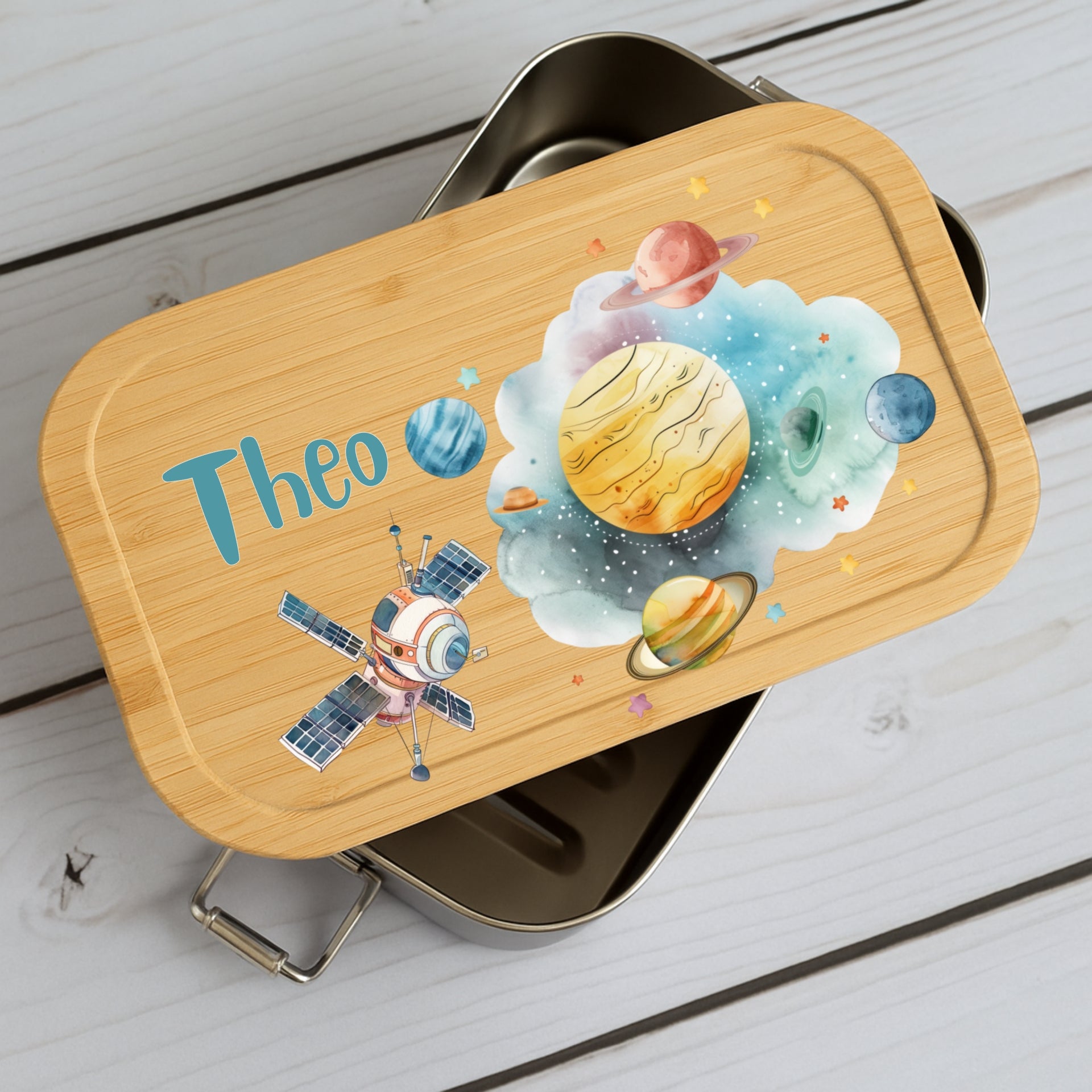 Brotdose Kinder Weltall – Lunchbox mit Bambusdeckel & Name