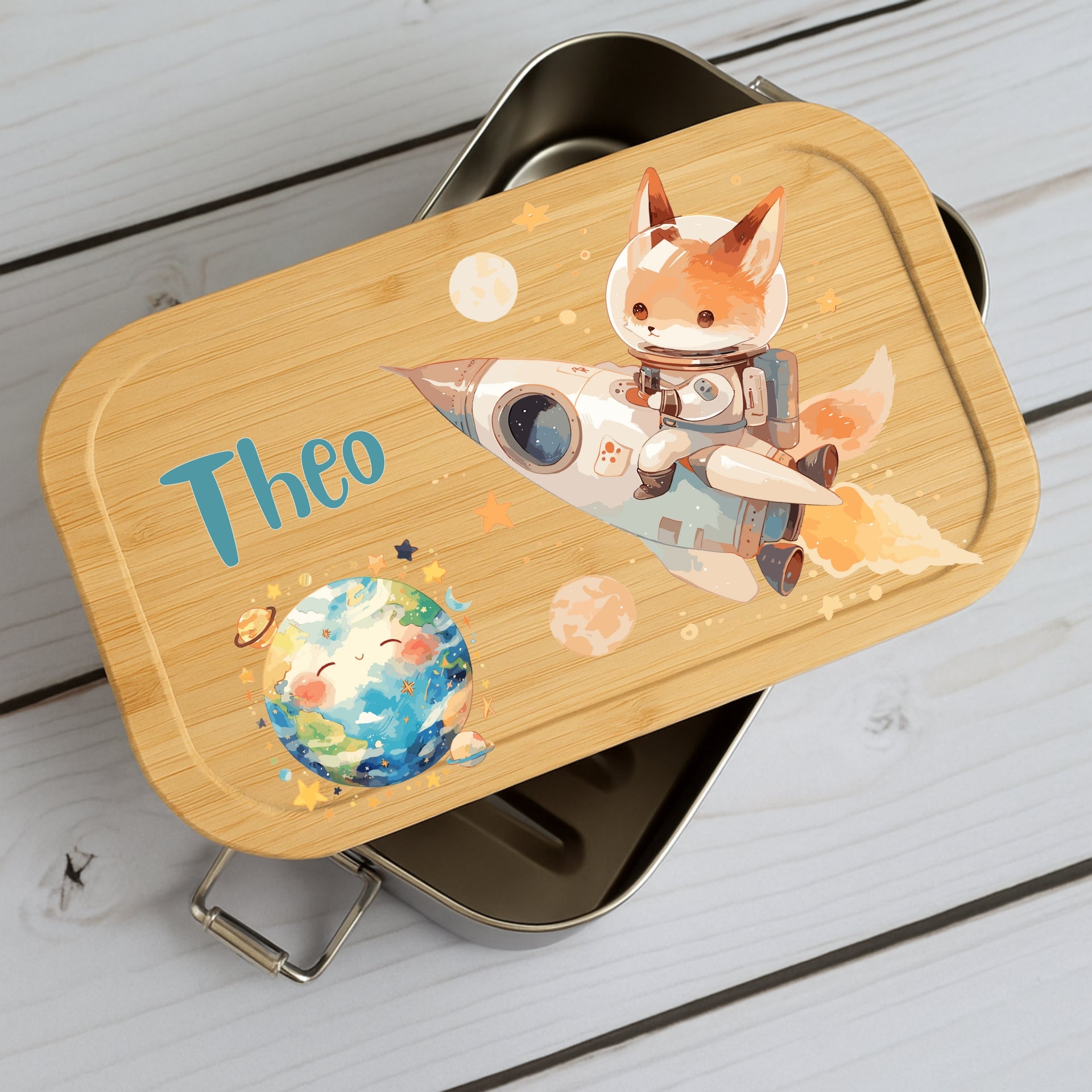 Brotdose Kinder Weltall – Lunchbox mit Bambusdeckel & Name