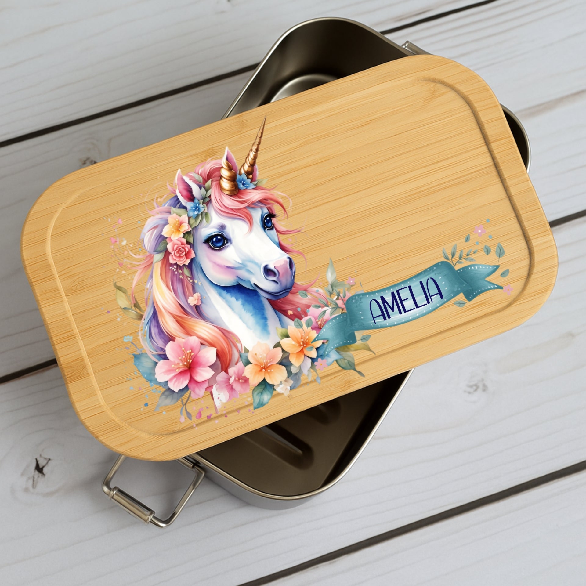 Brotdose Kinder Einhorn – Lunchbox mit Bambusdeckel & Name