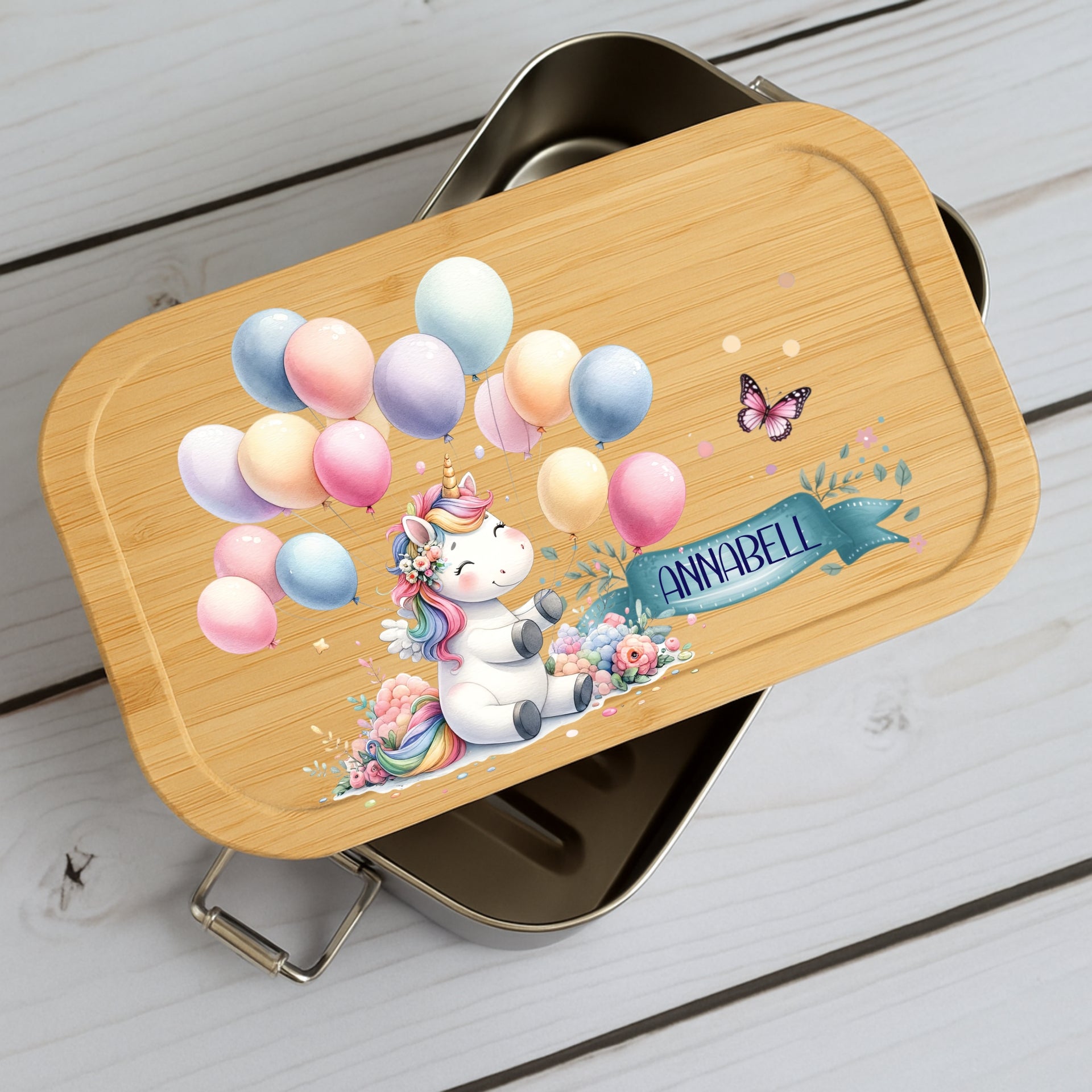 Brotdose Kinder Einhorn – Lunchbox mit Bambusdeckel & Name