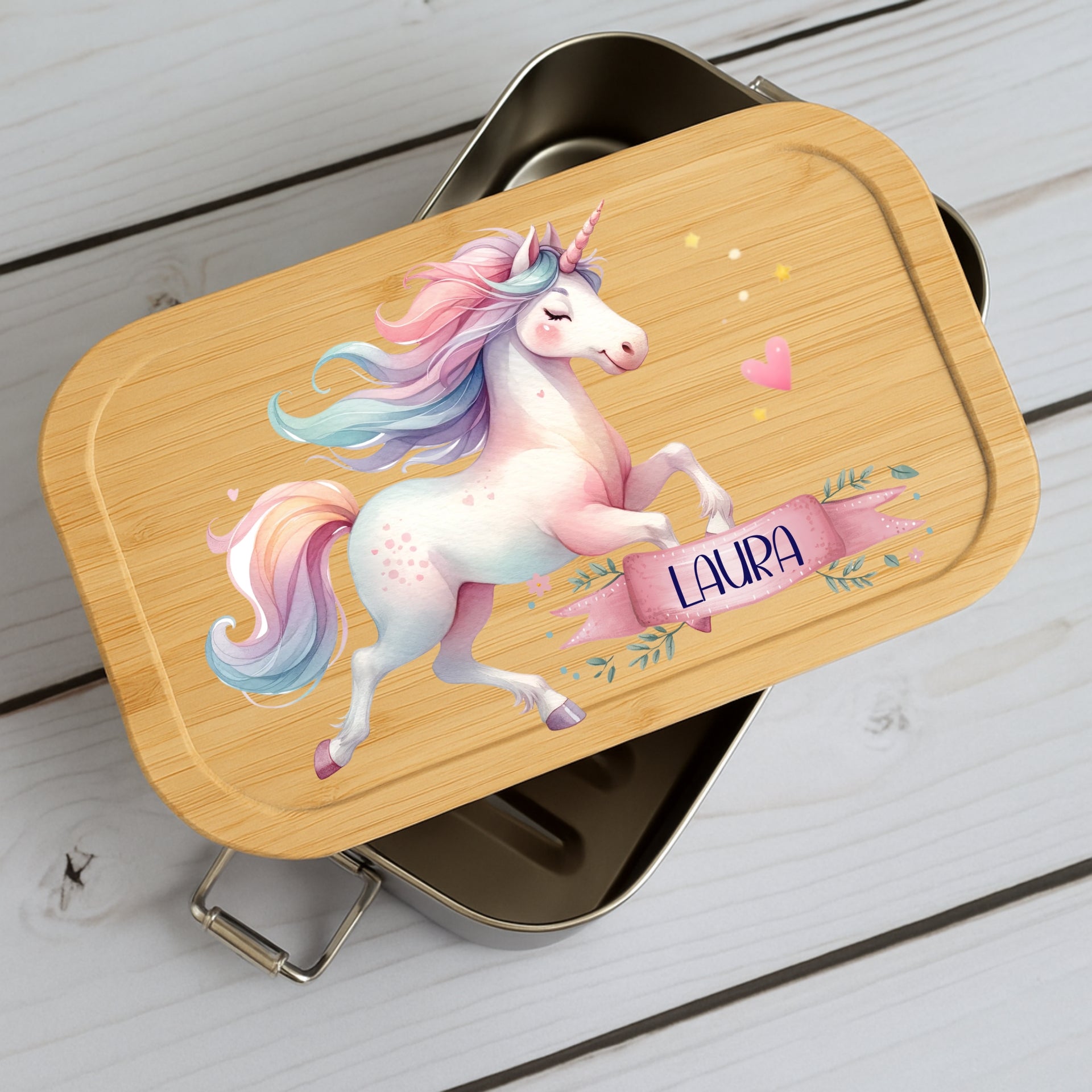 Brotdose Kinder Einhorn – Lunchbox mit Bambusdeckel & Name