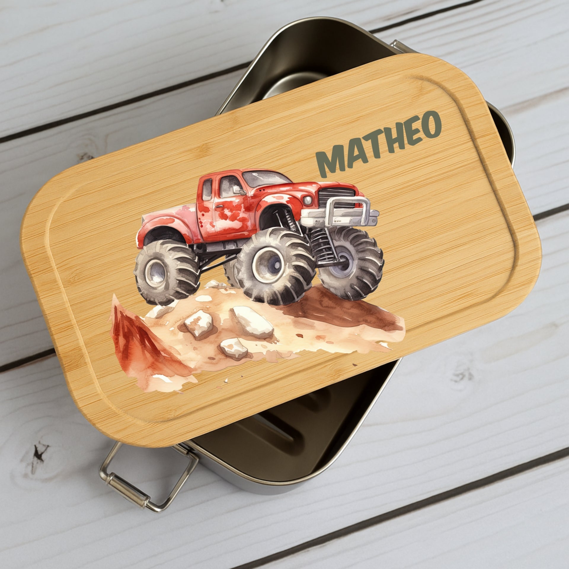 Brotdose Kinder Auto – Lunchbox mit Bambusdeckel & Name