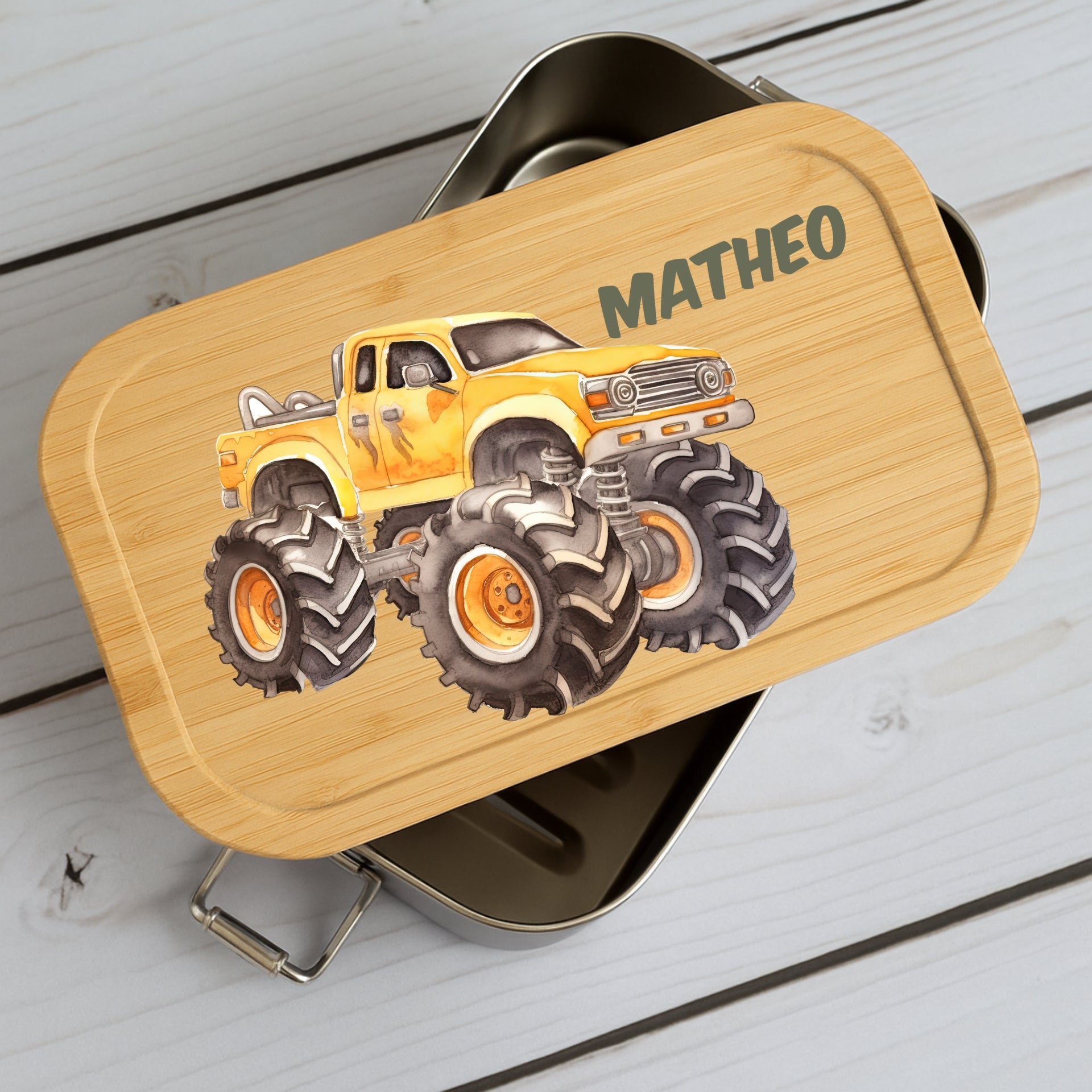 Brotdose Kinder Auto – Lunchbox mit Bambusdeckel & Name