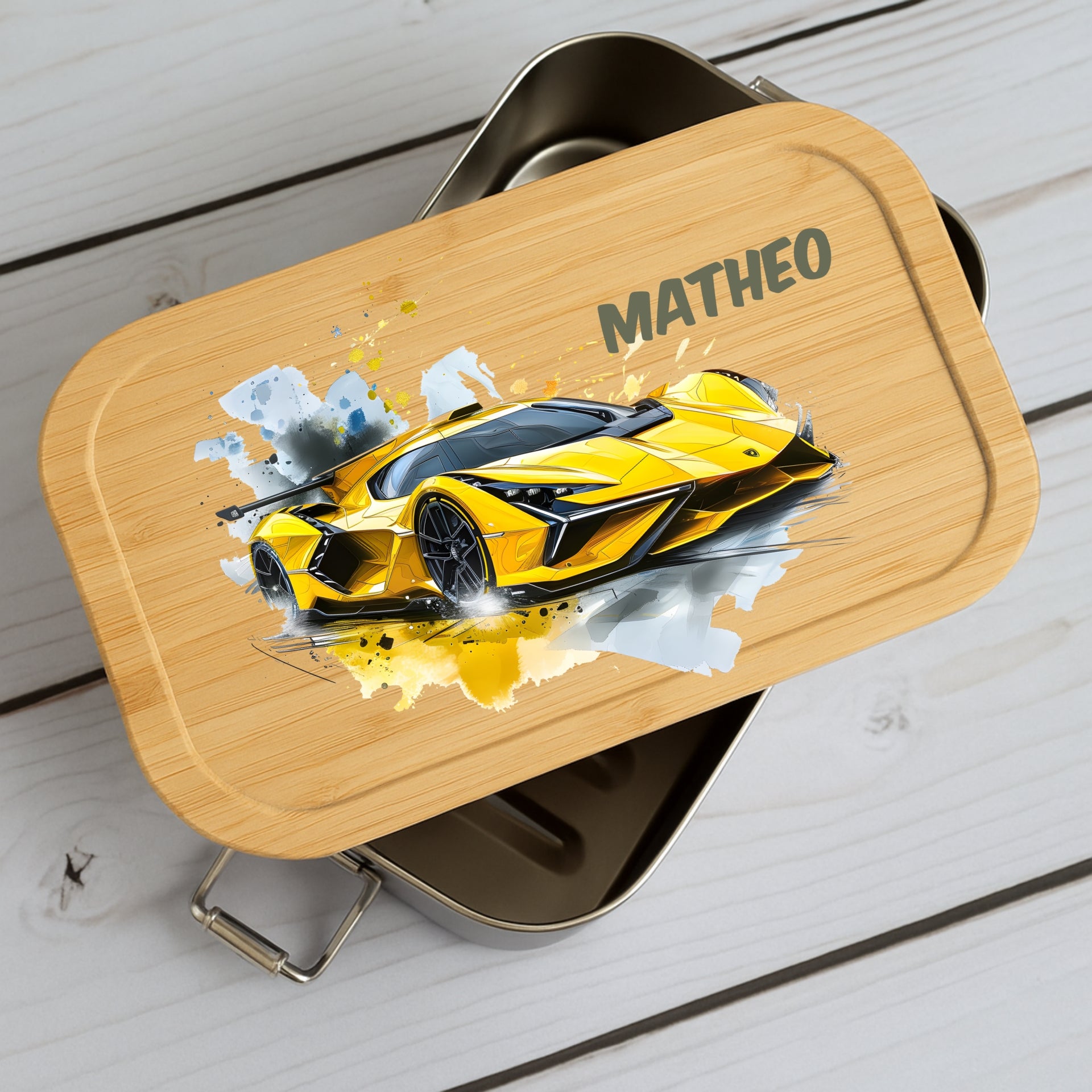 Brotdose Kinder Auto – Lunchbox mit Bambusdeckel & Name