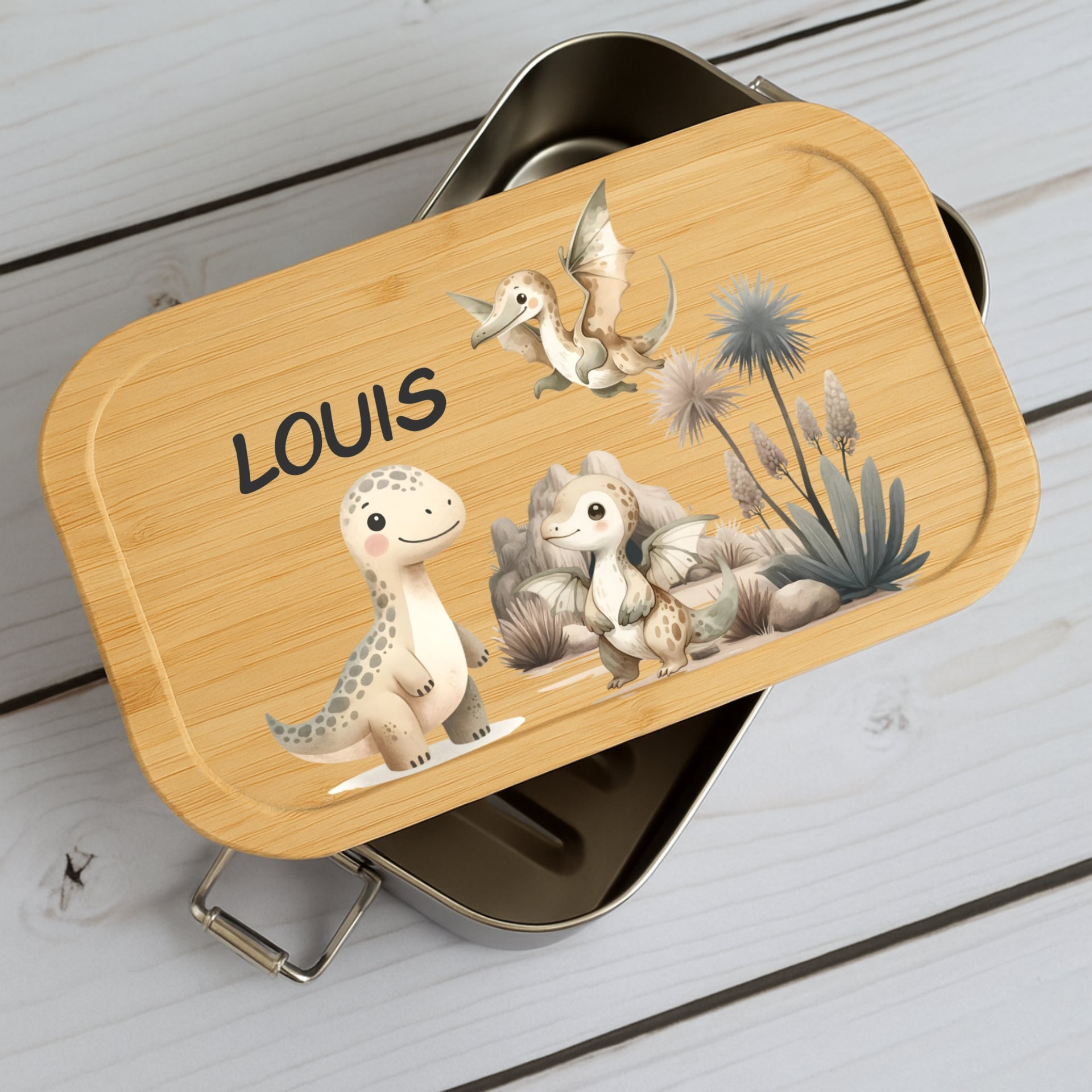 Brotdose Kinder Dino – Lunchbox mit Bambusdeckel & Name