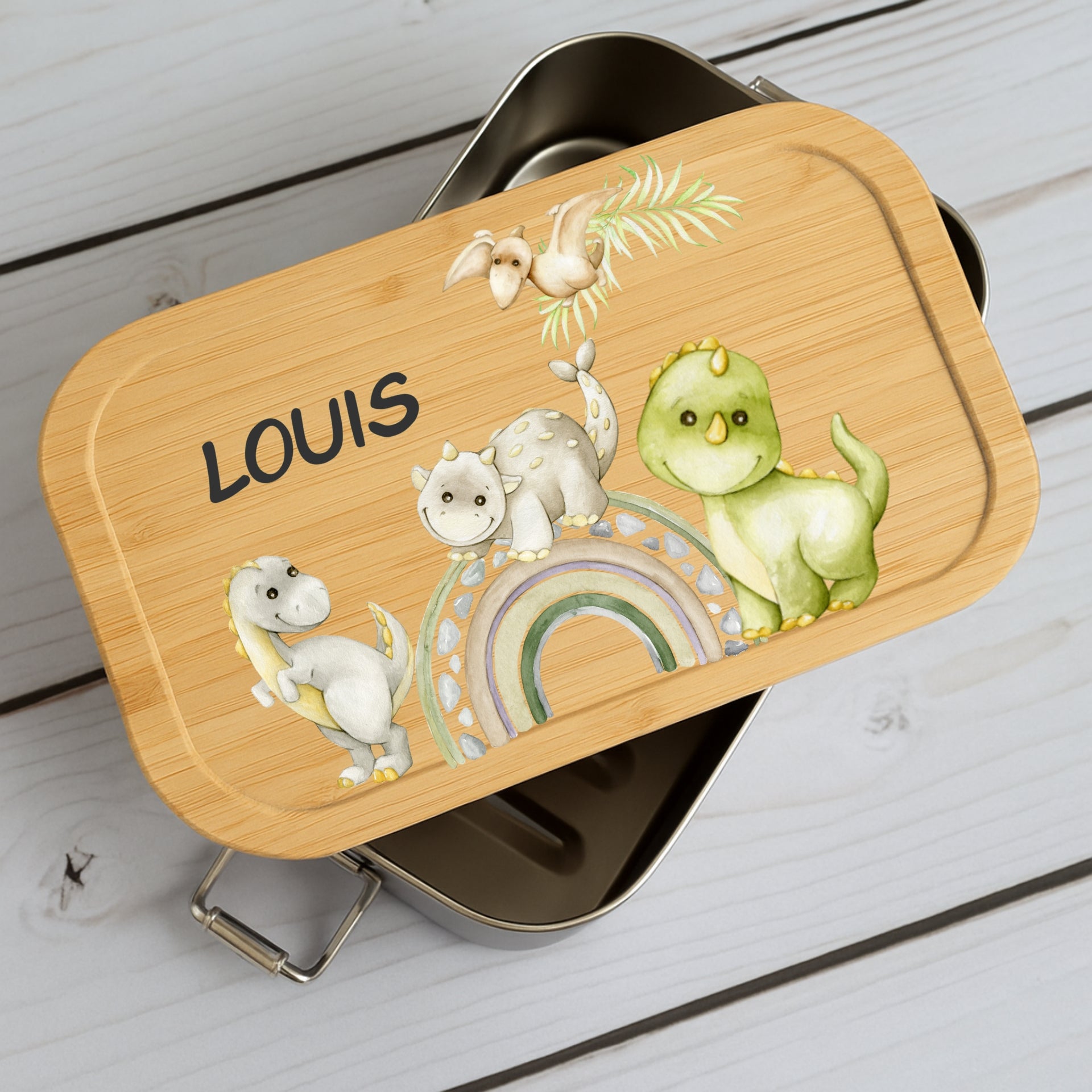 Brotdose Kinder Dino – Lunchbox mit Bambusdeckel & Name