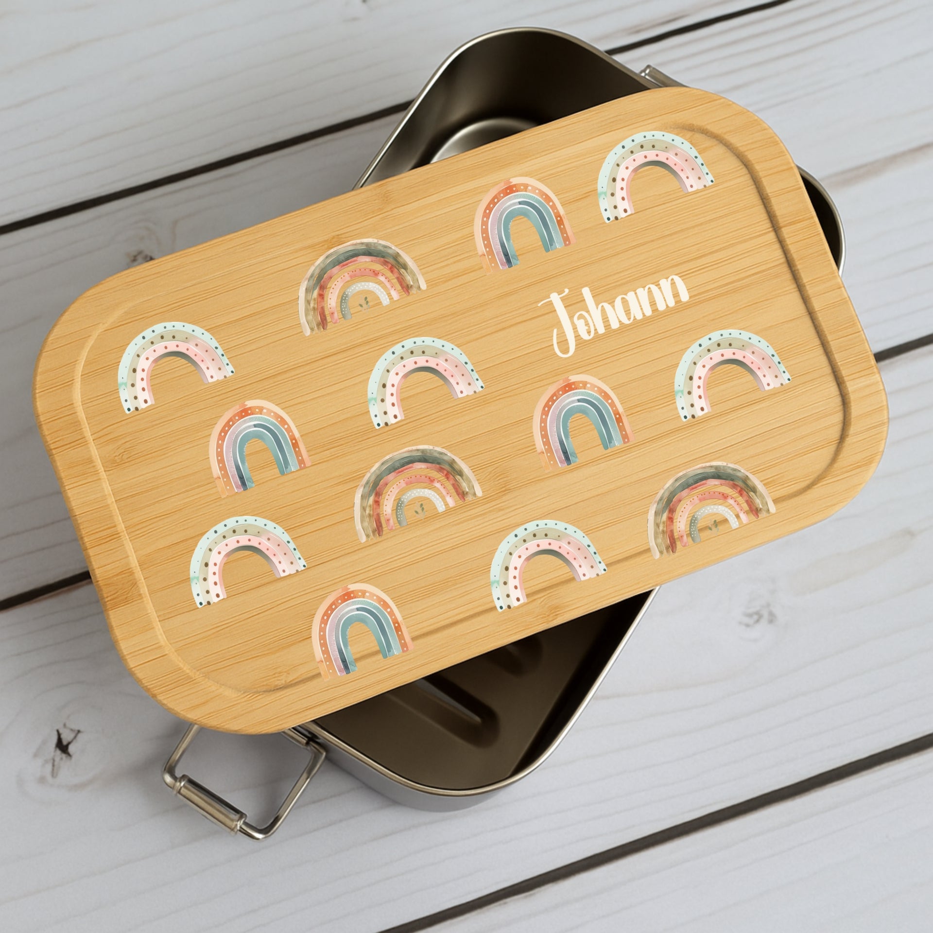 Brotdose Kinder Regenbogen – Lunchbox mit Bambusdeckel & Name