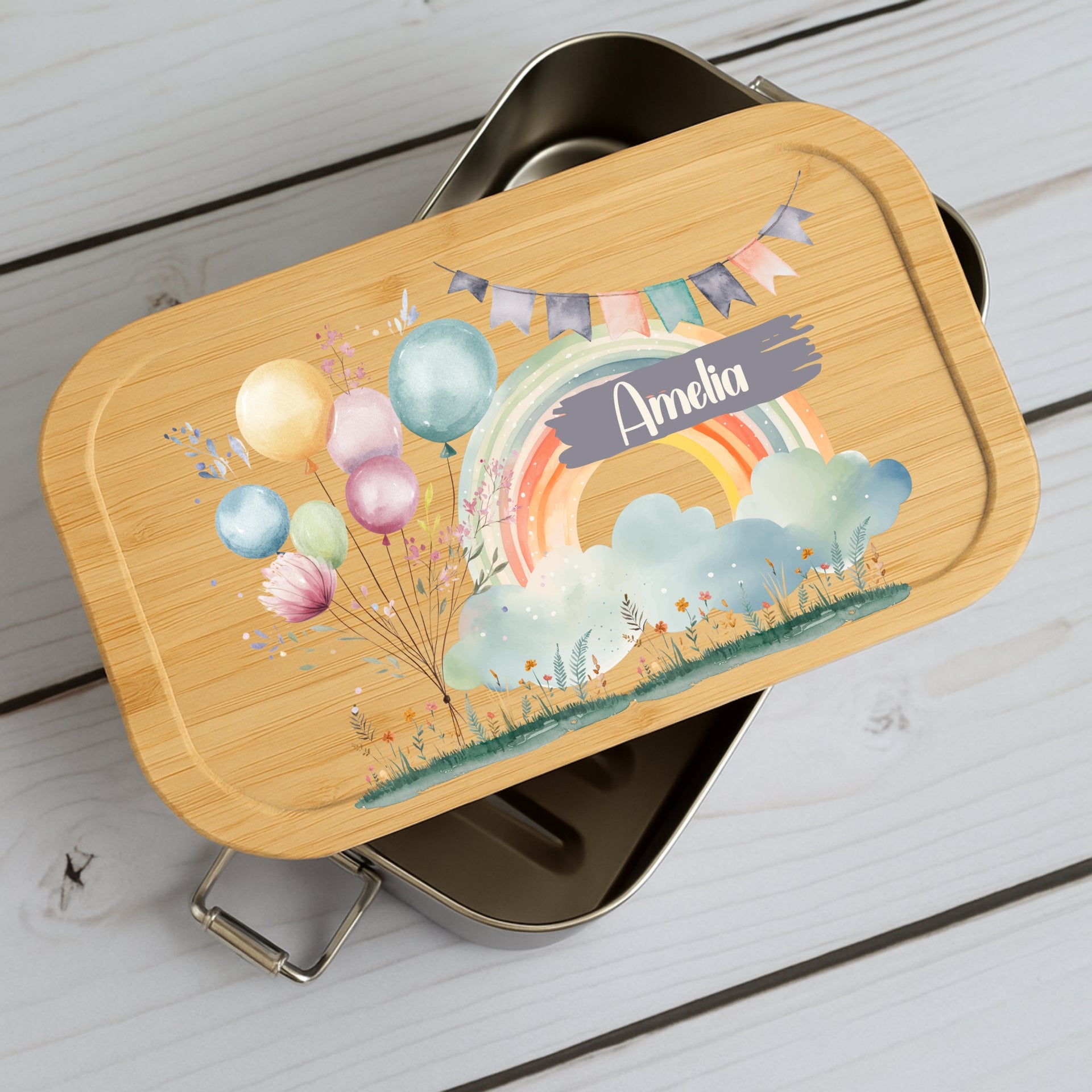 Brotdose Kinder Regenbogen – Lunchbox mit Bambusdeckel & Name
