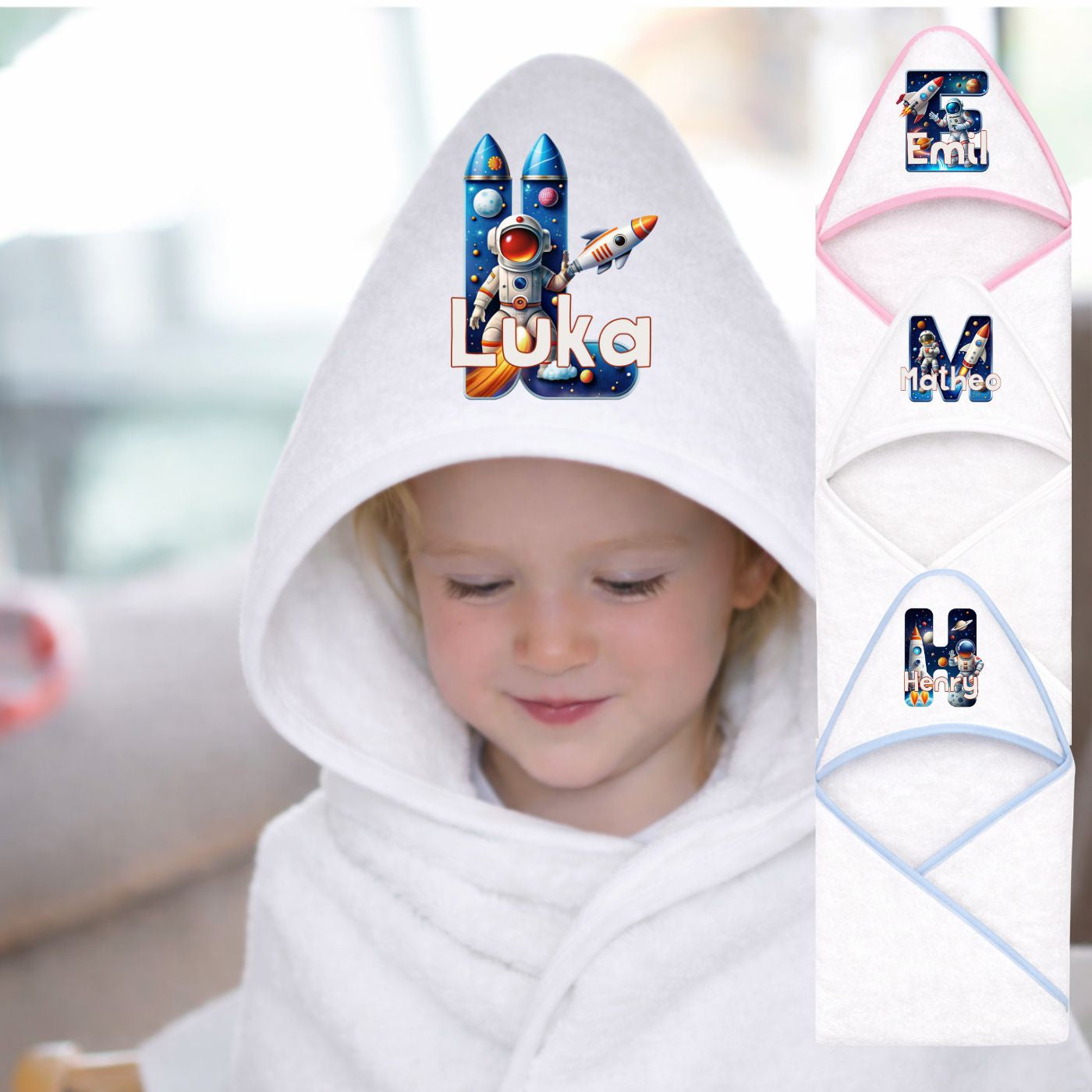 Kapuzenhandtuch Baby personalisiert mit Namen und Datum Astronaut Buchstabe