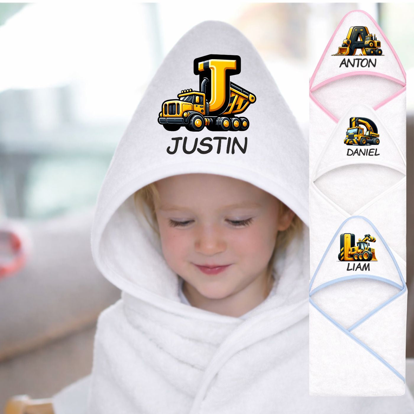 Baby Handtuch mit Kapuze personalisiert aus Baumwolle Baustelle Design