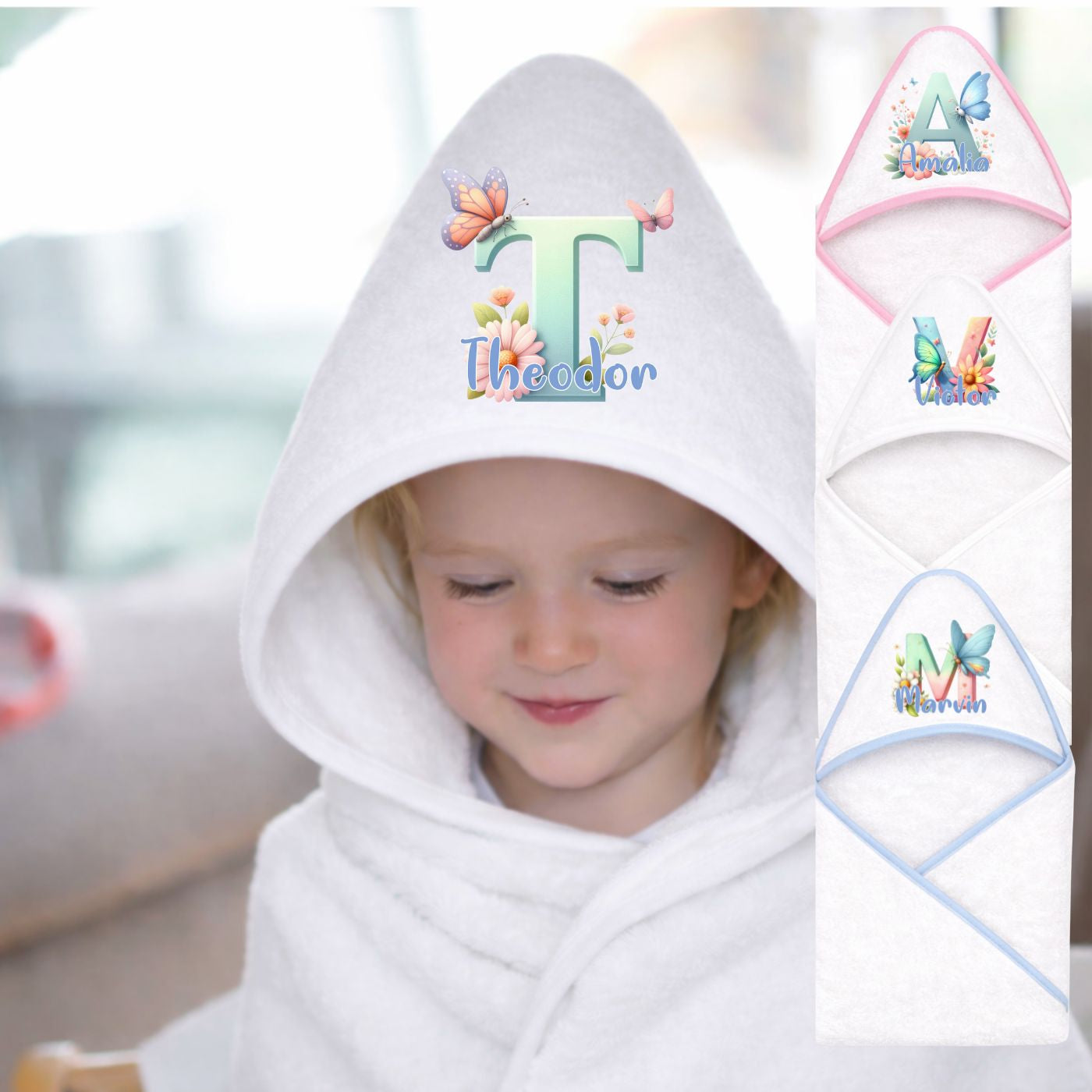 Kapuzenhandtuch Baby personalisiert mit Schmetterling Motiven und Namen