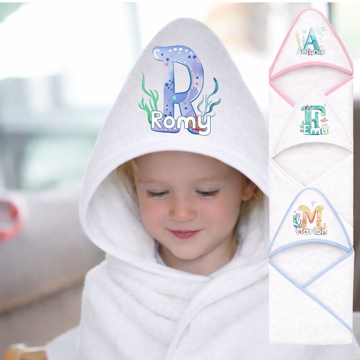 Kapuzenhandtuch Baby personalisiert mit Ozean Motiven und Namen