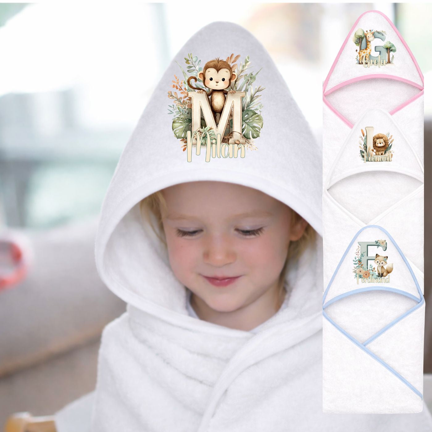 Kapuzenhandtuch Baby personalisiert mit Tierchen Motiven und Namen