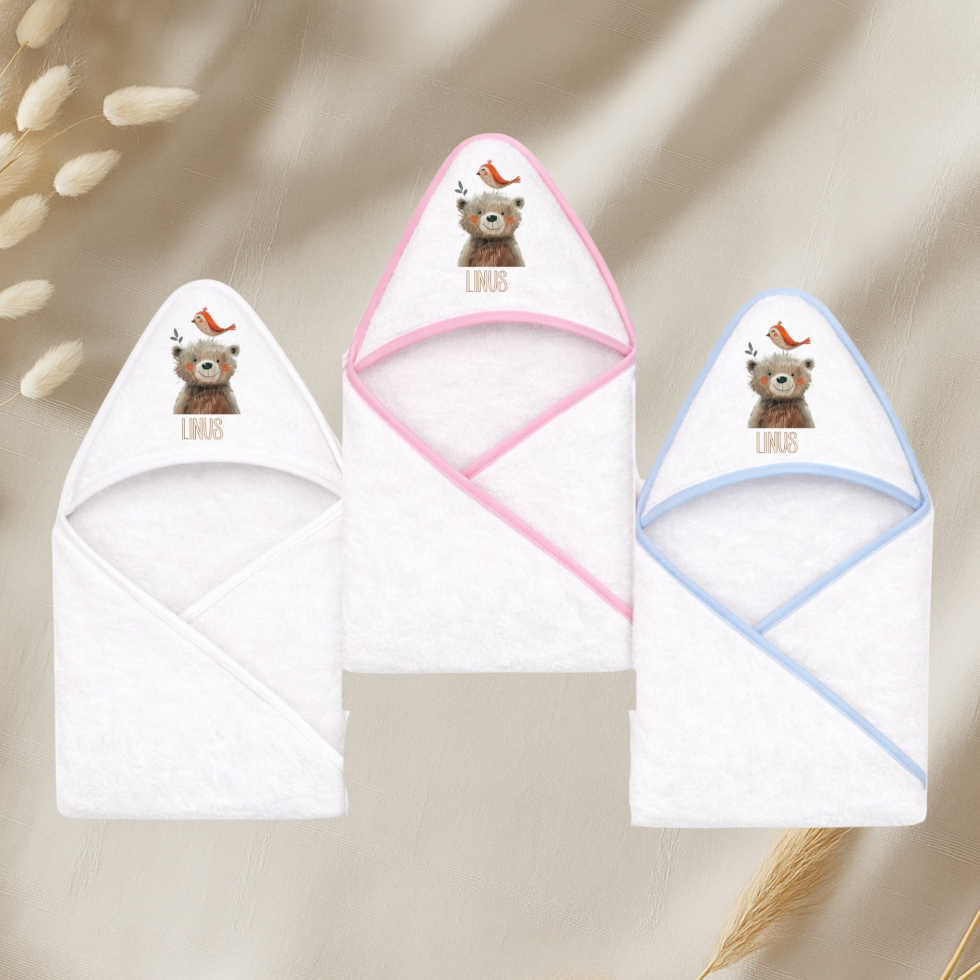 Kapuzenhandtuch Baby personalisiert – Tiere Beige mit Namen