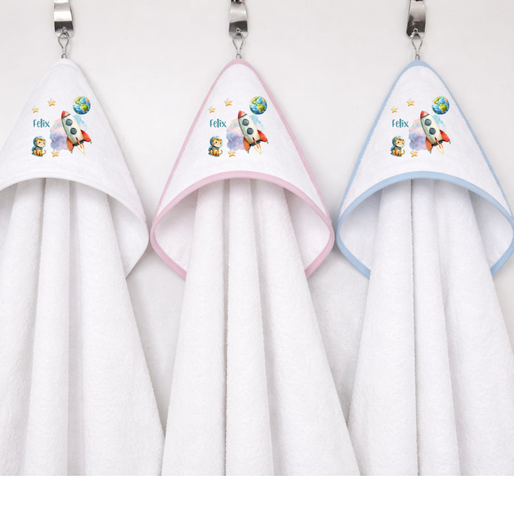 Kapuzenhandtuch Baby personalisiert – Weltall mit Namen