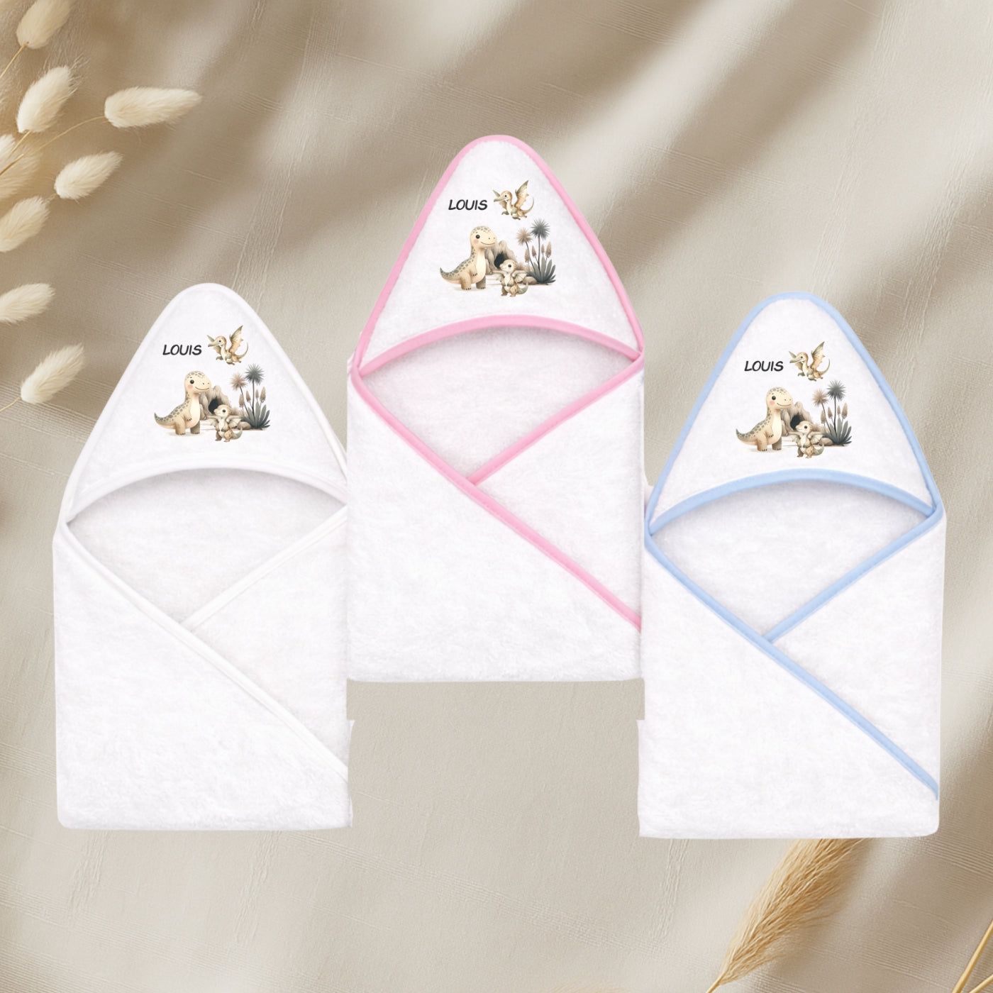 Kapuzenhandtuch Baby personalisiert mit Dino Motiv und Namen