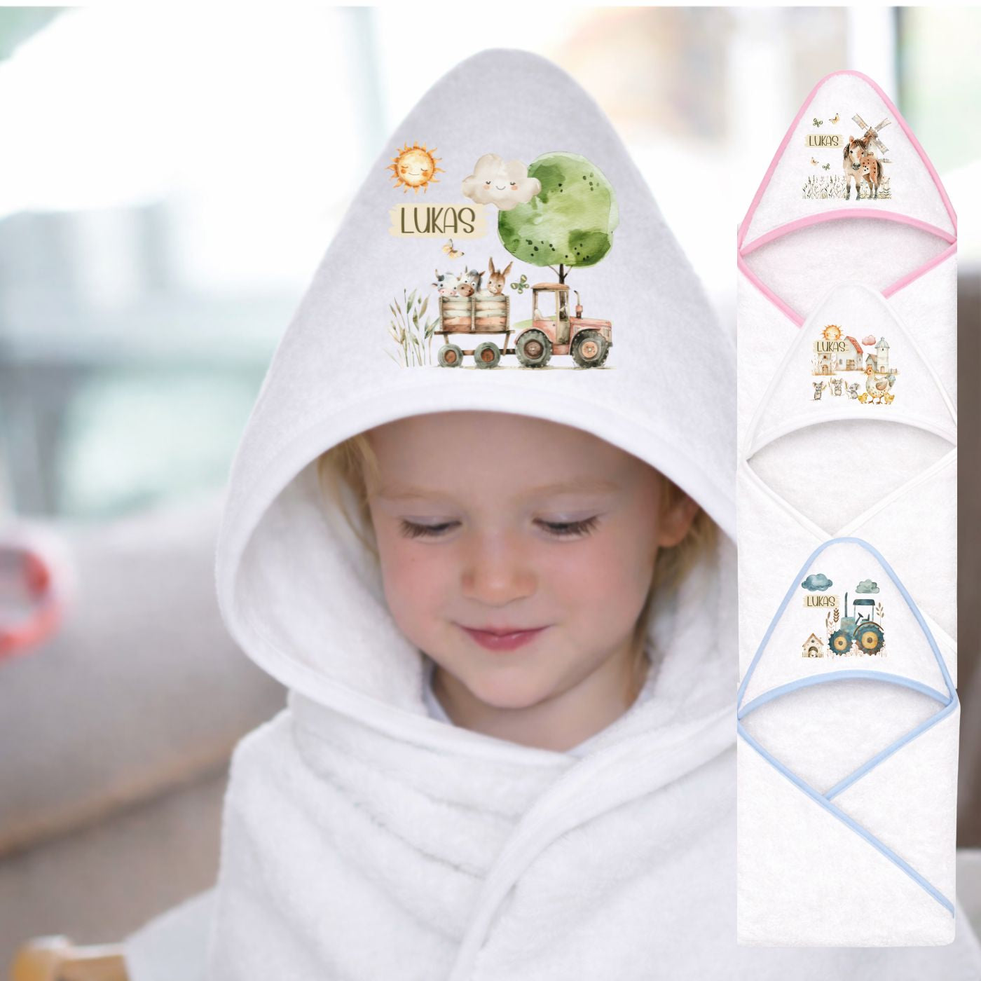 Kapuzenhandtuch Baby Personalisiert mit Bauernhof Motiv und Namen