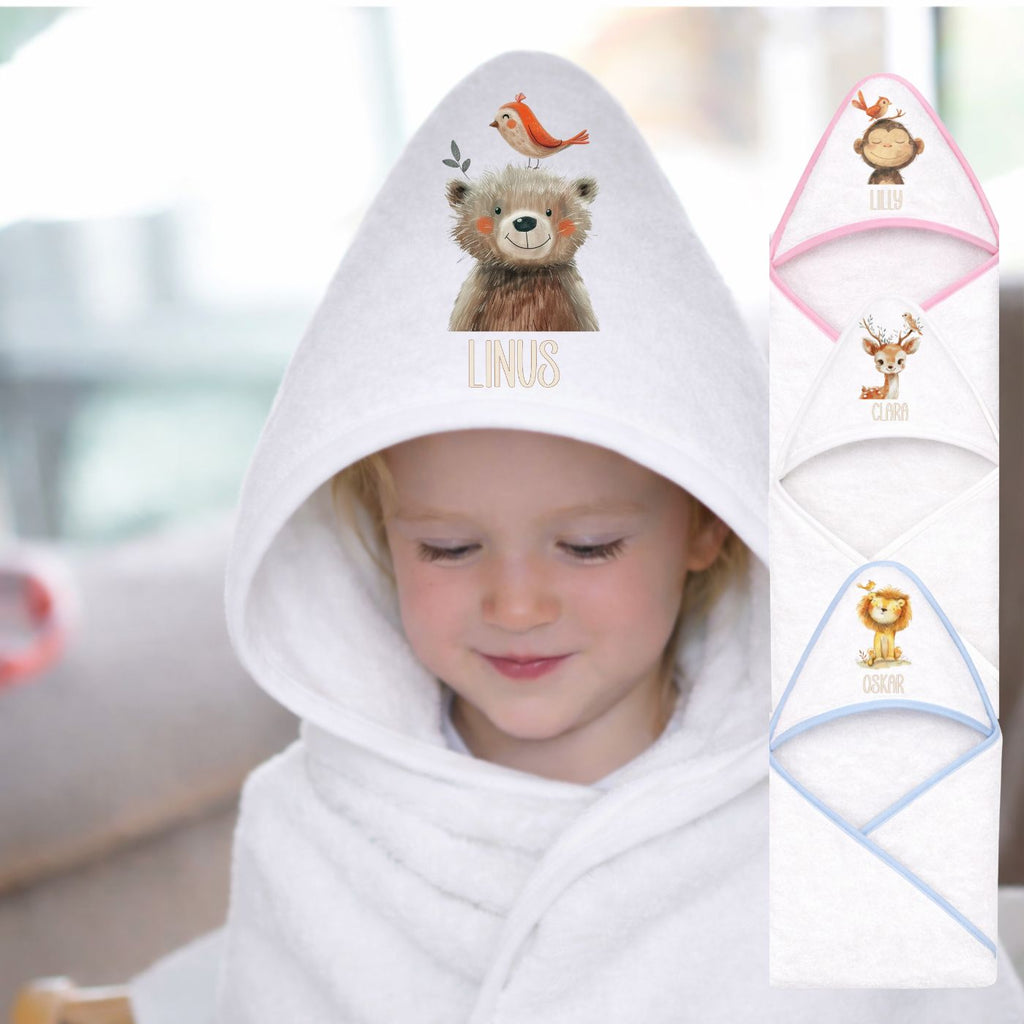 Kapuzenhandtuch Baby Personalisiert mit Tiere Beige Motiv und Namen