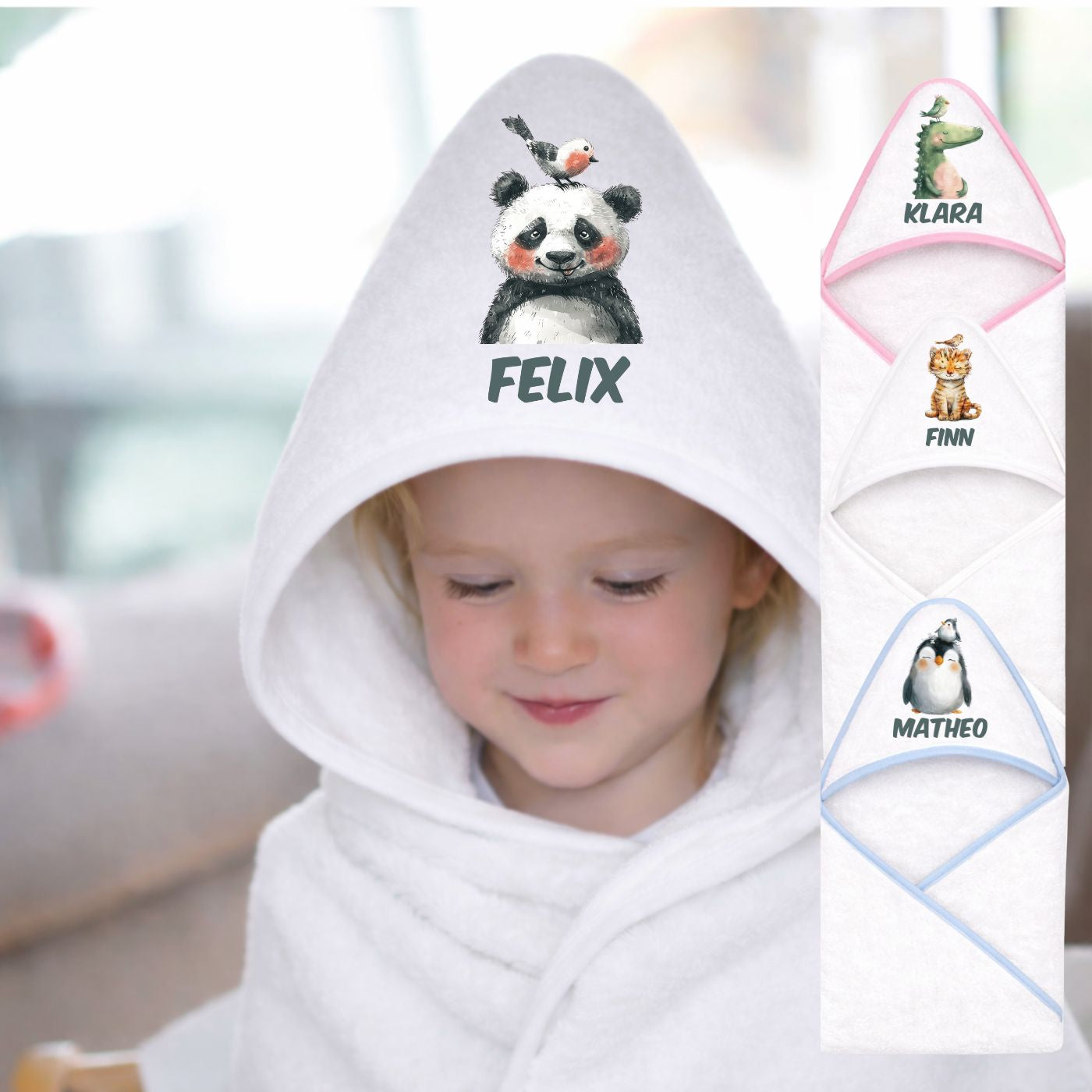 Kapuzenhandtuch Baby Personalisiert mit Tiere Bunt Motiv und Namen
