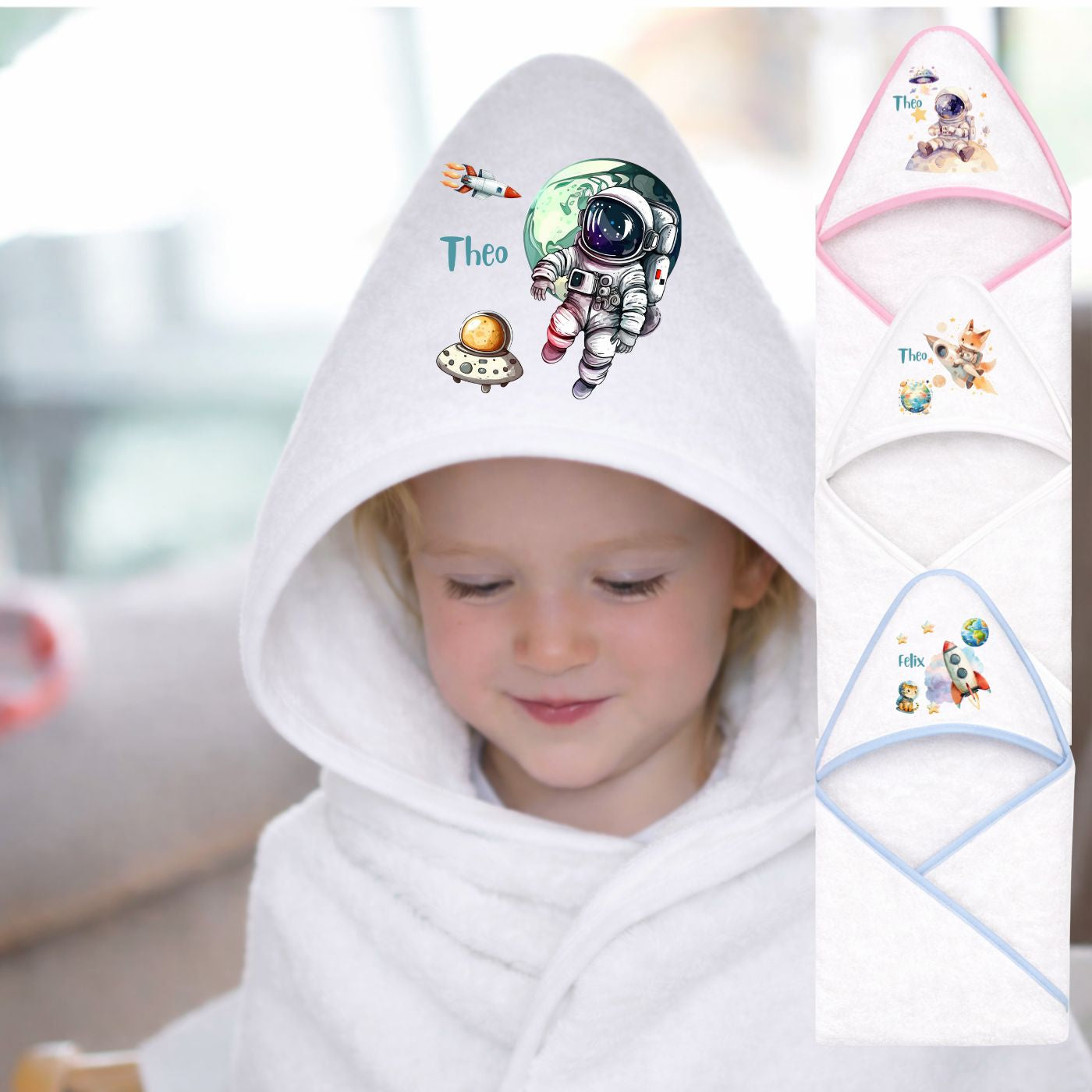 Kapuzenhandtuch Baby Personalisiert mit Weltall Motiv und Namen