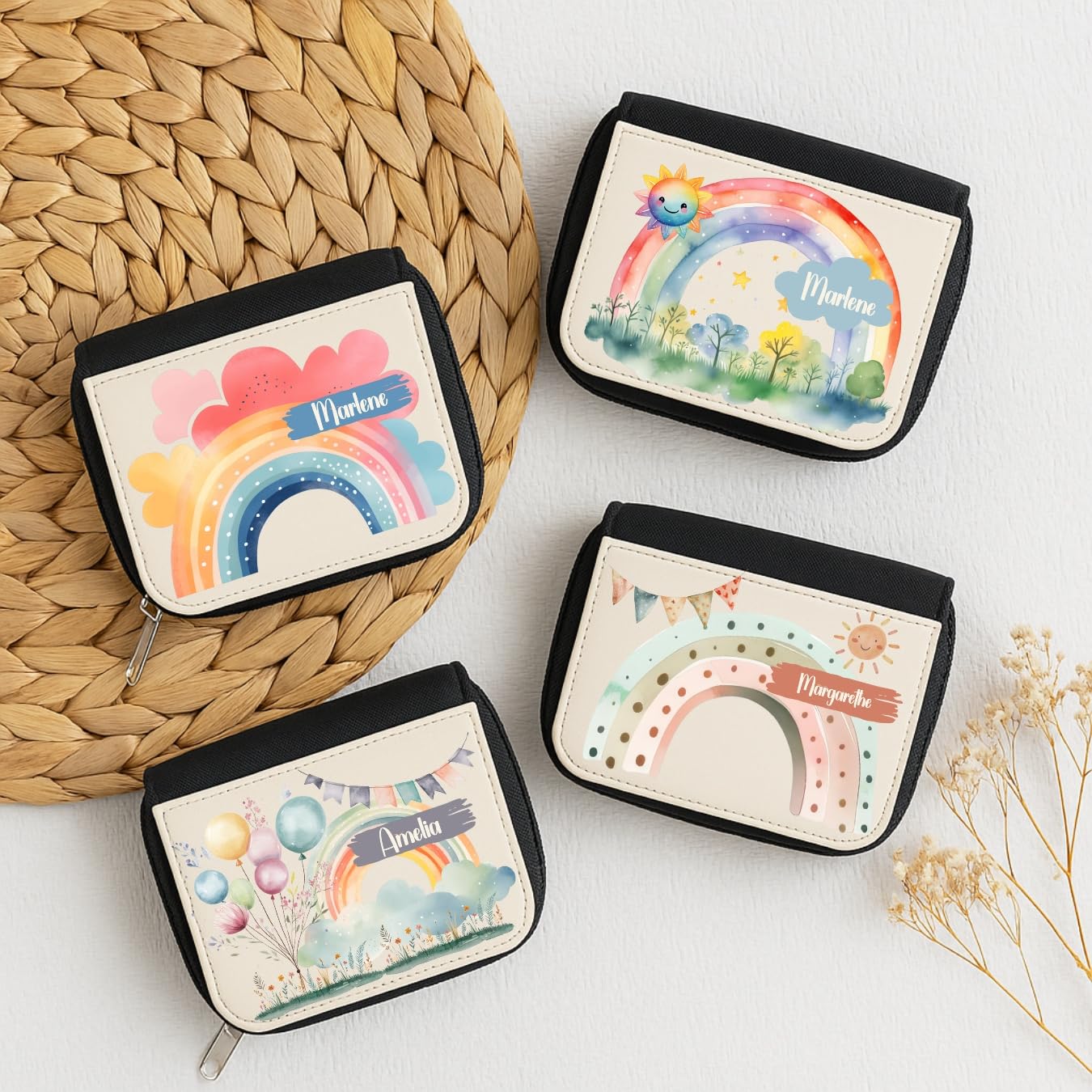 Personalisierte Kindergeldbörse mit Regenbogen-Motiv, Sonne und Wolken – Geschenk für Kinder